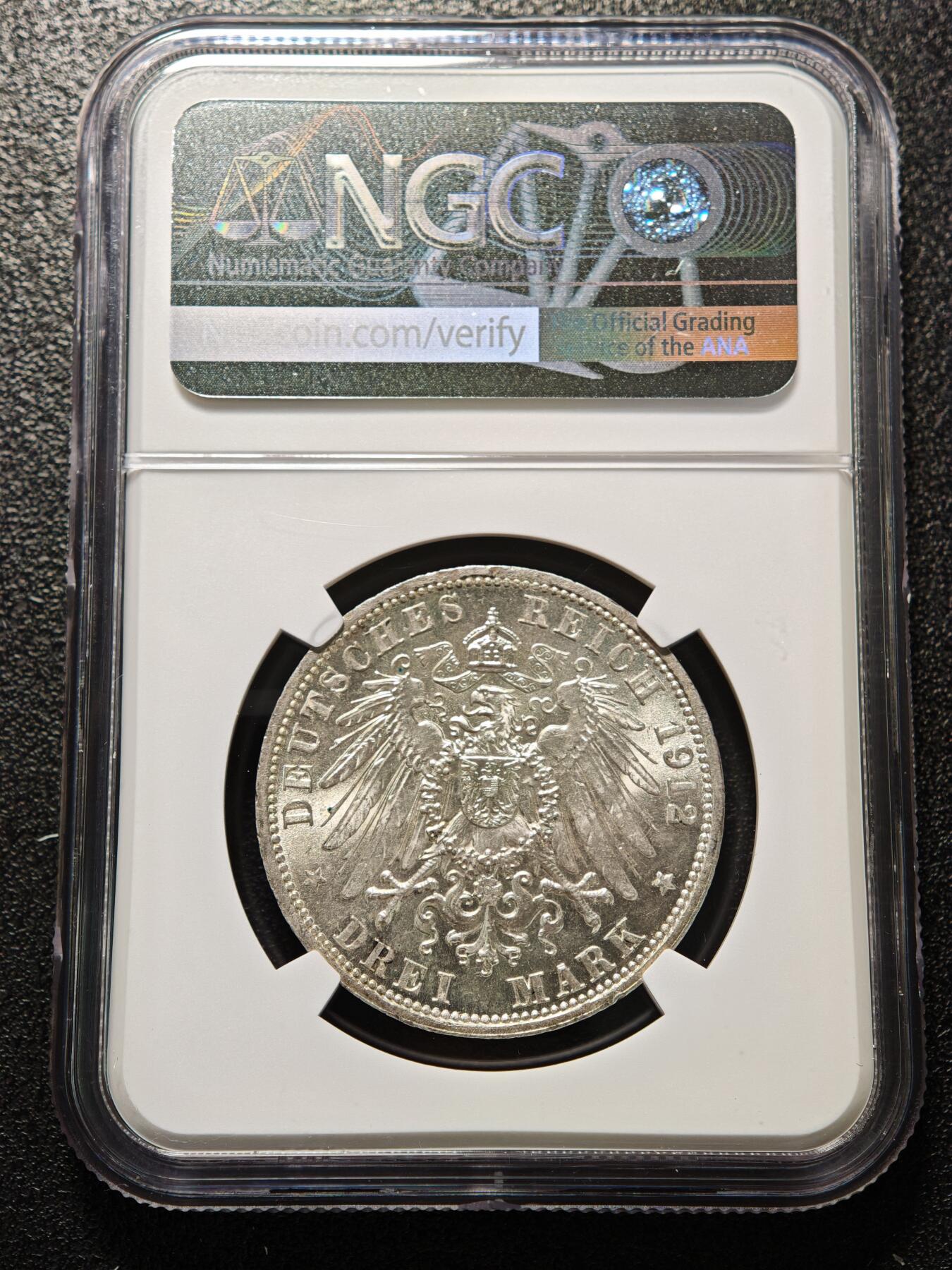 【德藏】世界币章拍卖第169期（拍品征集中~欢迎藏友联系） 1912年 德国普鲁士威廉二世3马克银币 NGC MS62 原光极强