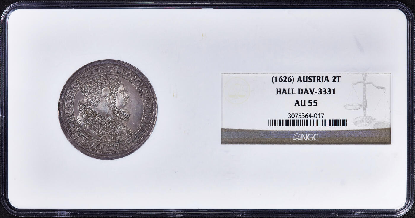 【俄甄集藏】2026年(050)04-01星期三 晚 19:30 全场包邮 神圣罗马帝国-奥地利1626年纪念利奥波德五世与克劳迪亚公主大婚2泰勒大银币，NGC AU55，原味老包浆，底光犹存，细节犀利，疑似低评，名誉品种