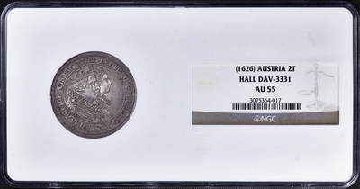 【俄甄集藏】2026年(050)04-01星期三 晚 19:30 全场包邮 - 神圣罗马帝国-奥地利1626年纪念利奥波德五世与克劳迪亚公主大婚2泰勒大银币，NGC AU55，原味老包浆，底光犹存，细节犀利，疑似低评，名誉品种