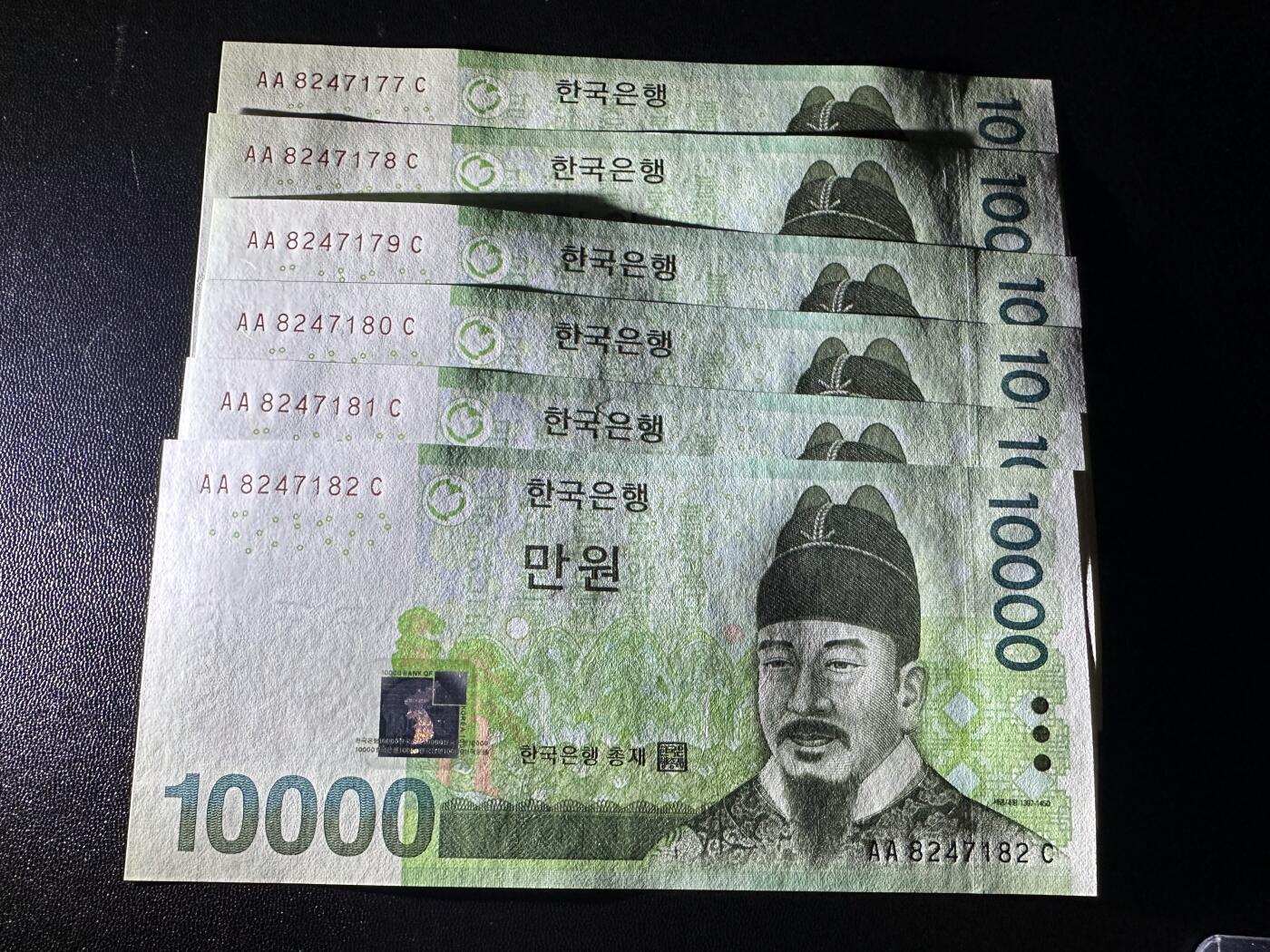 《外钞收藏家》第六百二十一期（精选场）（长期征集拍品、欢迎藏友们联系合作） 韩国1万韩元 六张连号一起 AA冠 全新UNC