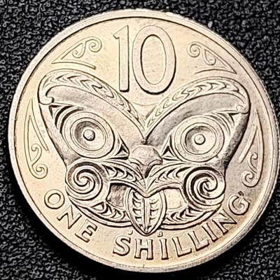 泉币菌-第216场-拍品多 请提前出价 - 原光美品 1969年 英属新西兰 10分硬币 毛利人面具 伊丽莎白二世 女王24mm