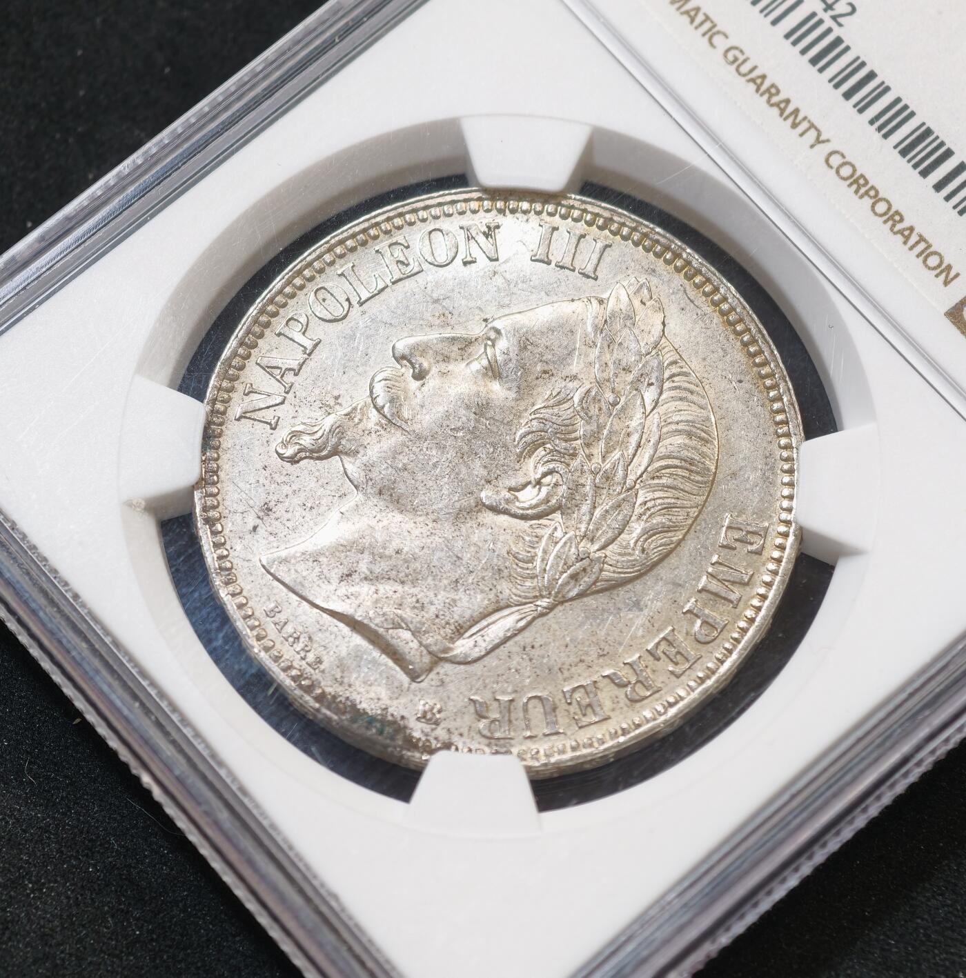 “方寸甄品”甄品场，甄臻铺-世界币章拍卖（第57期，直播拍卖），送拍享返佣金等优惠多多 NGC-MS63 1868年BB版法国拿破仑三世法郎银币，法系中比较经典的拿三5法郎，63分高分原光值得收藏