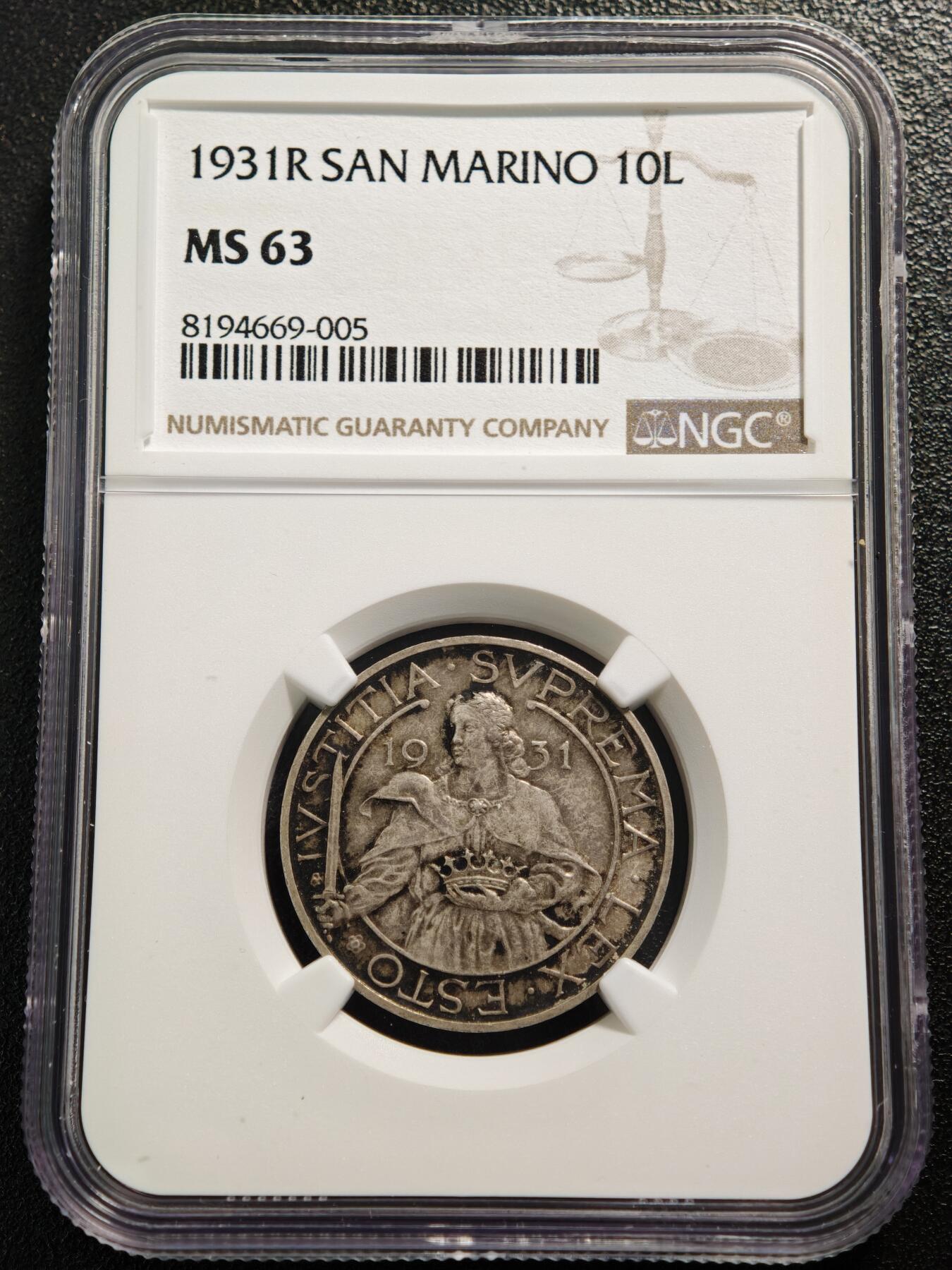 【德藏】世界币章拍卖第169期（拍品征集中~欢迎藏友联系） 1931年 圣马力诺R版10里拉银币 NGC MS63 原味包浆