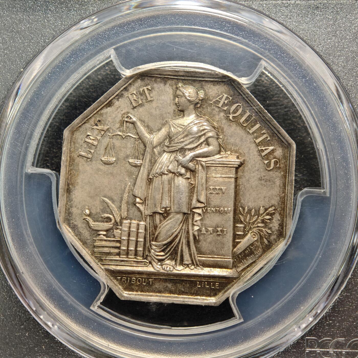 【德藏】世界币章拍卖第169期（拍品征集中~欢迎藏友联系） 19世纪 法国杜埃市公证处八角代用币银章 PCGS MS64 原味包浆