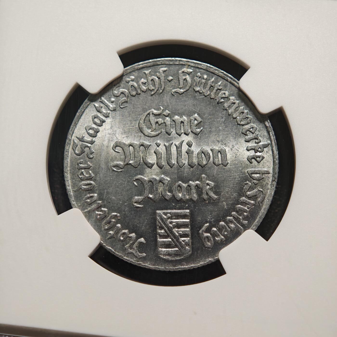 【德藏】世界币章拍卖第169期（拍品征集中~欢迎藏友联系） 1923年 德国紧急时期弗莱堡火把男100万马克铝币 NGC MS64原光十足 大名誉品种