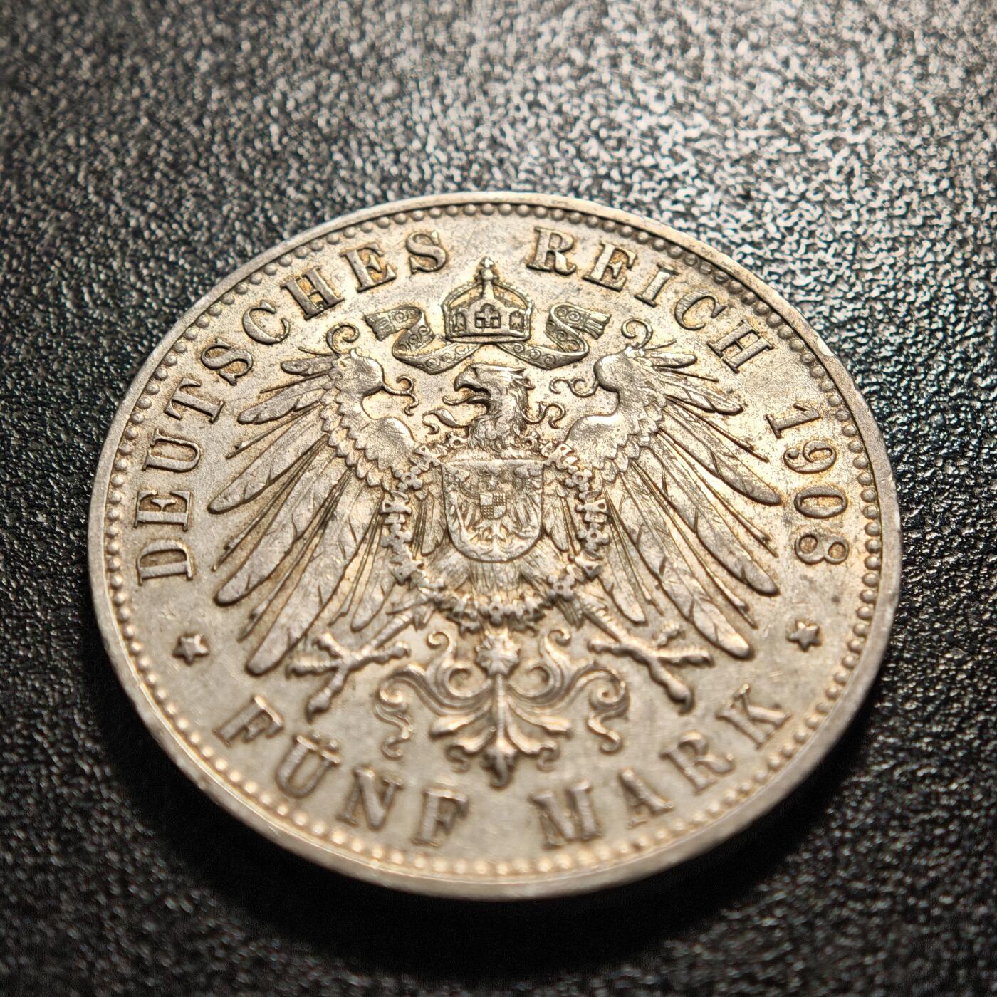 【德藏】世界币章拍卖第169期（拍品征集中~欢迎藏友联系） 1908年 德国符腾堡威廉二世5马克大银币 直径约：38mm；重约：27.7g 原味包浆