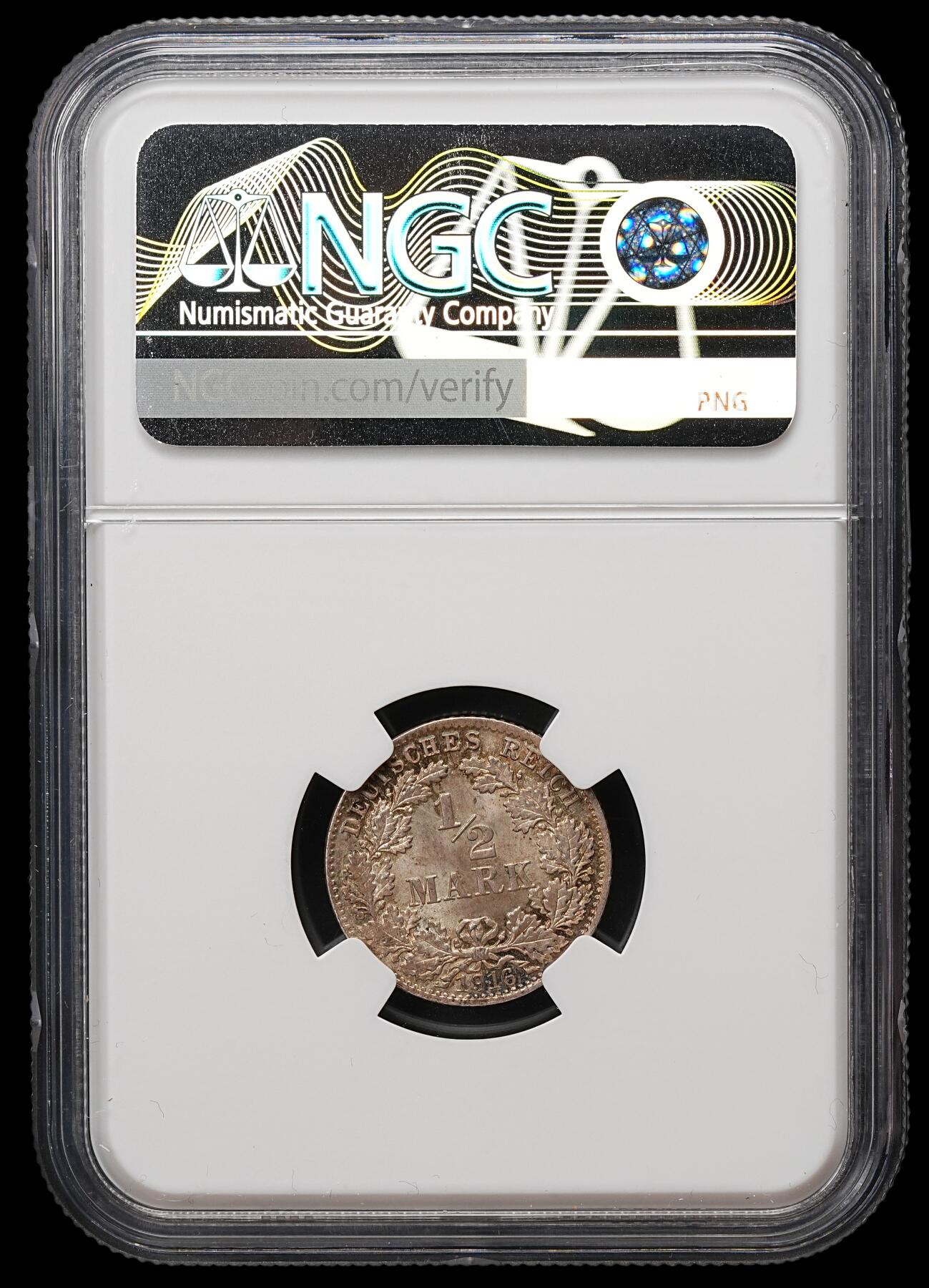 修遠堂世界钱币第109期 NGC MS66 1916年德国1/2马克银币 D厂铭