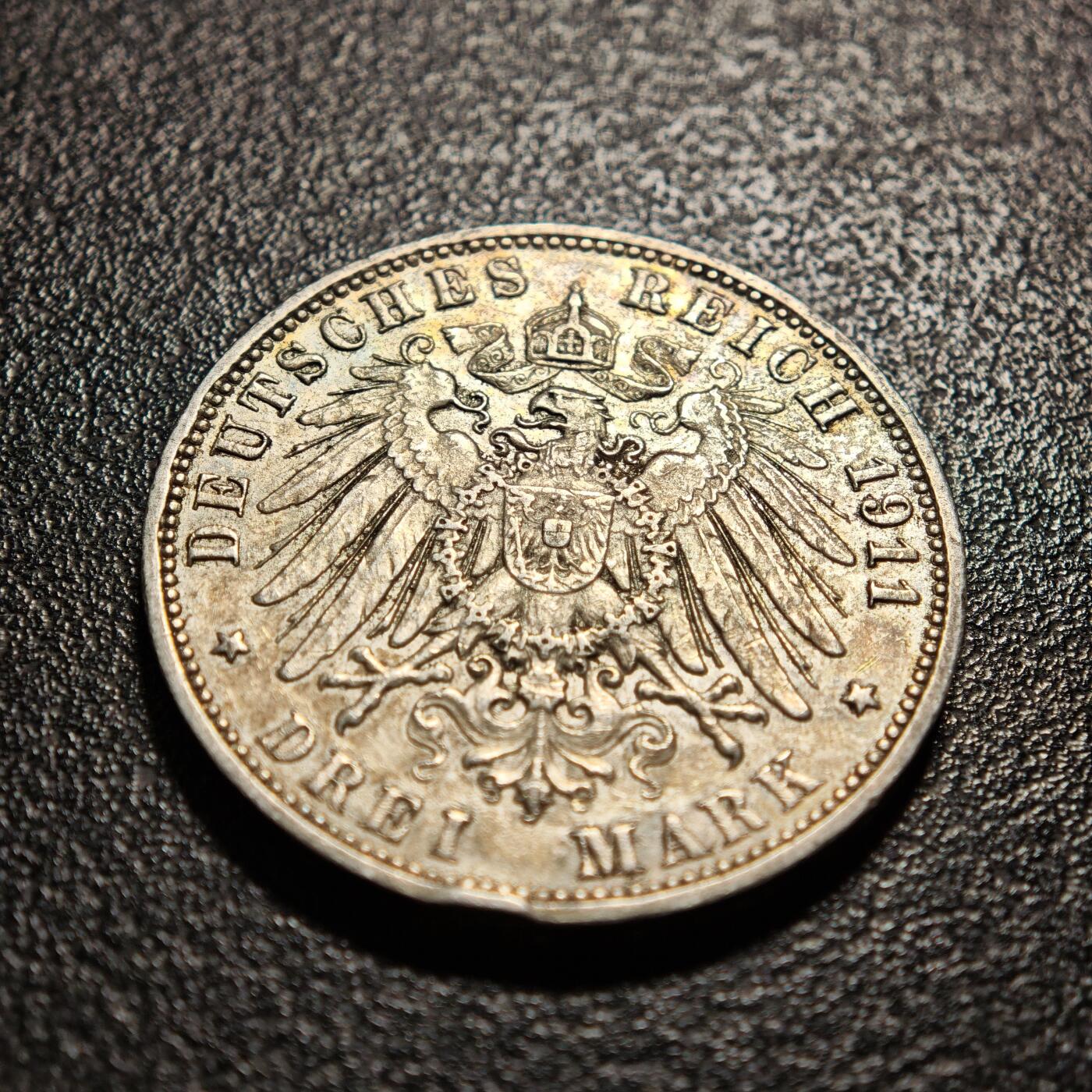 【德藏】世界币章拍卖第169期（拍品征集中~欢迎藏友联系） 1911年 德国汉堡3马克银币 直径约：33.2mm；重约：16.6g 淡彩包浆