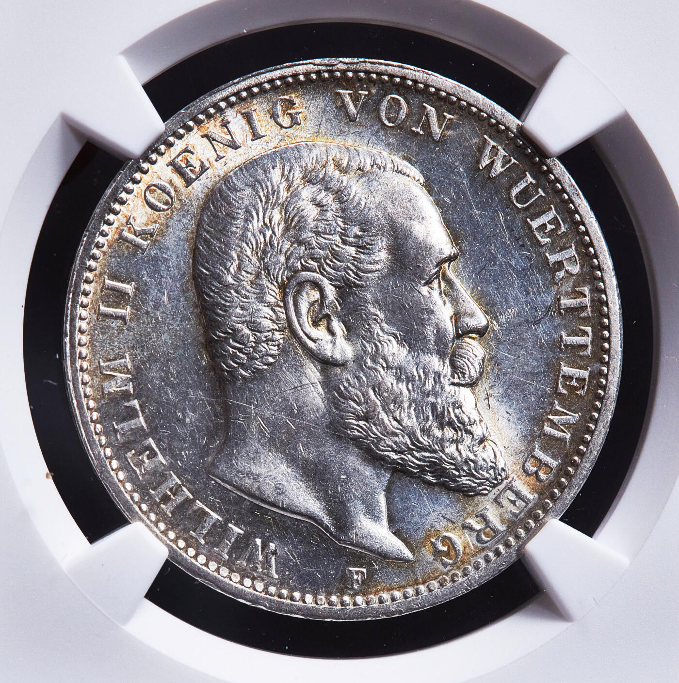 【俄甄集藏】2026年(050)04-01星期三 晚 19:30 全场包邮 德国符腾堡1913年威廉二世F版3马克银币，NGC MS62，黄油环彩，转光品相