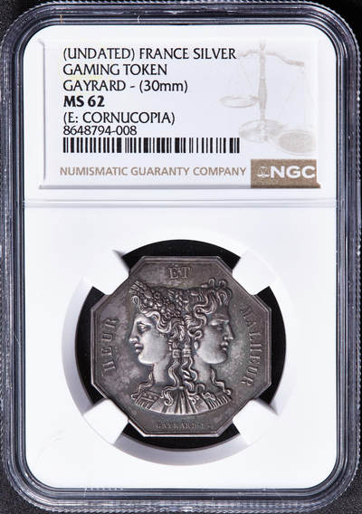 【俄甄集藏】2026年(050)04-01星期三 晚 19:30 全场包邮 - 法国19世纪双面神雅努斯造像博弈题材银质八角代用币章，NGC MS62，酱彩老包浆，丰饶角铭，少见品种，丰饶角铭