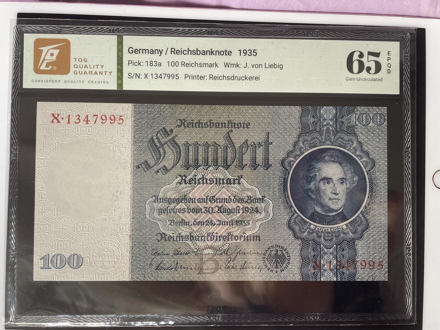 德国1935年100帝国马克 纸币 TQG65EPQ 收藏级