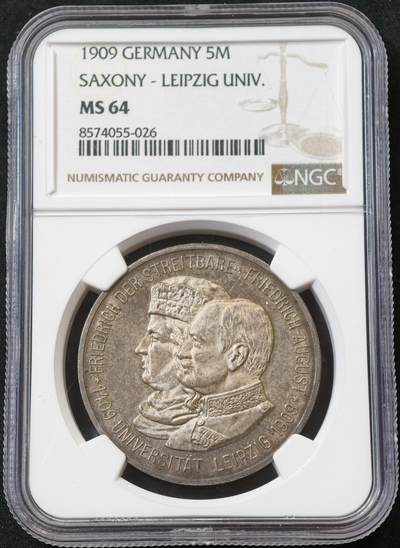 “方寸甄品”甄品场，甄臻铺-世界币章拍卖（第57期，直播拍卖），送拍享返佣金等优惠多多 - NGC-MS64 1909年德国萨克森王国莱比锡大学500周年纪念5马克，背面黑紫色包浆，正面灰彩包浆
