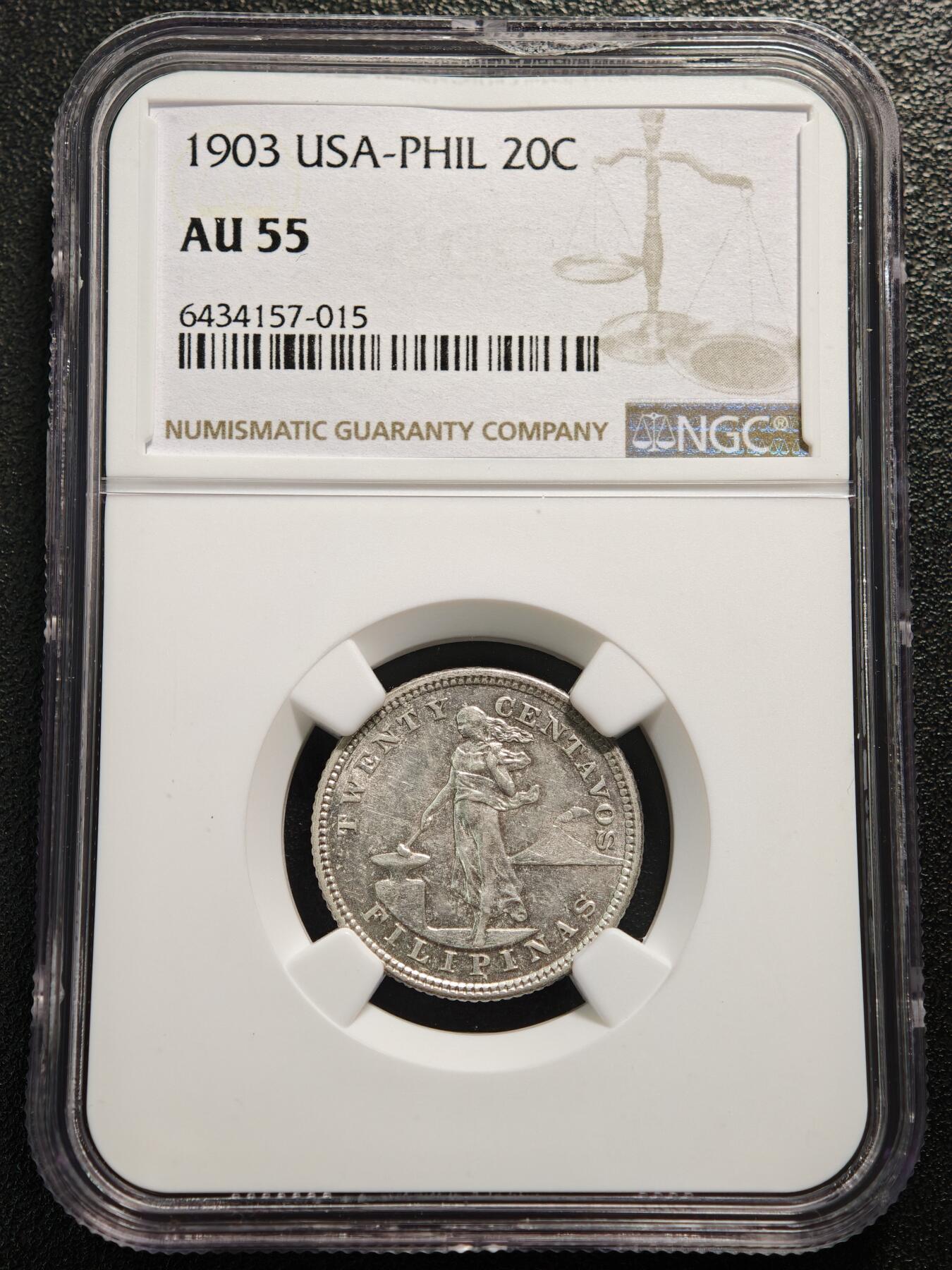 【德藏】世界币章拍卖第169期（拍品征集中~欢迎藏友联系） 1903年 美属菲律宾女神大版20分银币 NGC AU55 状态安逸