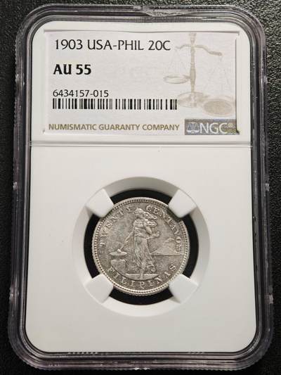 【德藏】世界币章拍卖第169期（拍品征集中~欢迎藏友联系） - 1903年 美属菲律宾女神大版20分银币 NGC AU55 状态安逸