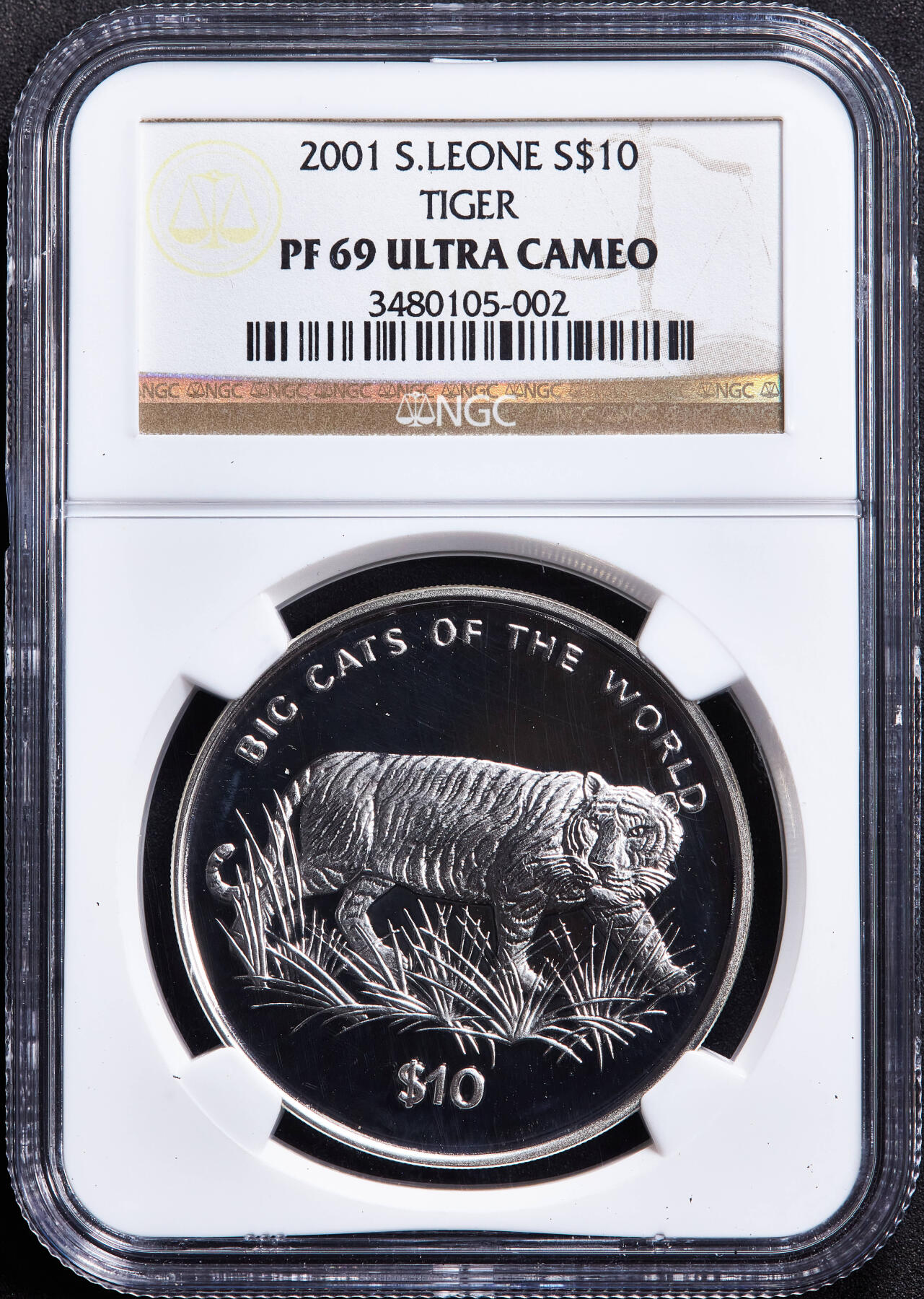 【俄甄集藏】2026年(050)04-01星期三 晚 19:30 全场包邮 塞拉利昂2001年世界大型猫科动物系列-老虎10元精制大银币，NGC PF69UC，重28.28克，925银，少见品种