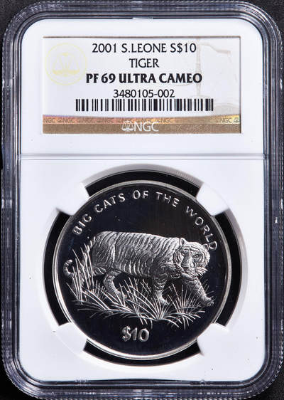 【俄甄集藏】2026年(050)04-01星期三 晚 19:30 全场包邮 - 塞拉利昂2001年世界大型猫科动物系列-老虎10元精制大银币，NGC PF69UC，重28.28克，925银，少见品种