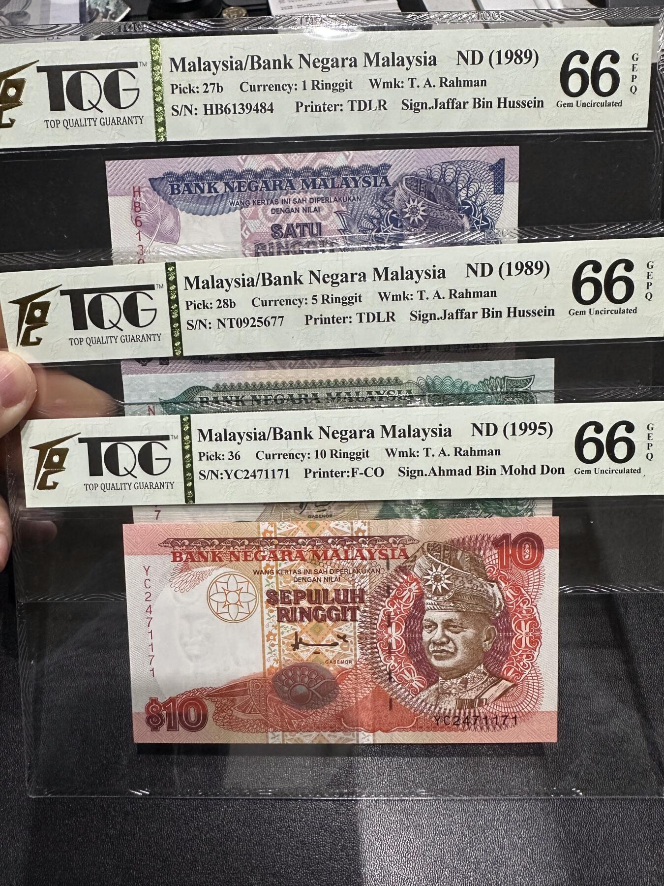 《外钞收藏家》第六百二十一期（精选场）（长期征集拍品、欢迎藏友们联系合作） 马来西亚1、5、10林吉特 TQG评级 三张一起 
