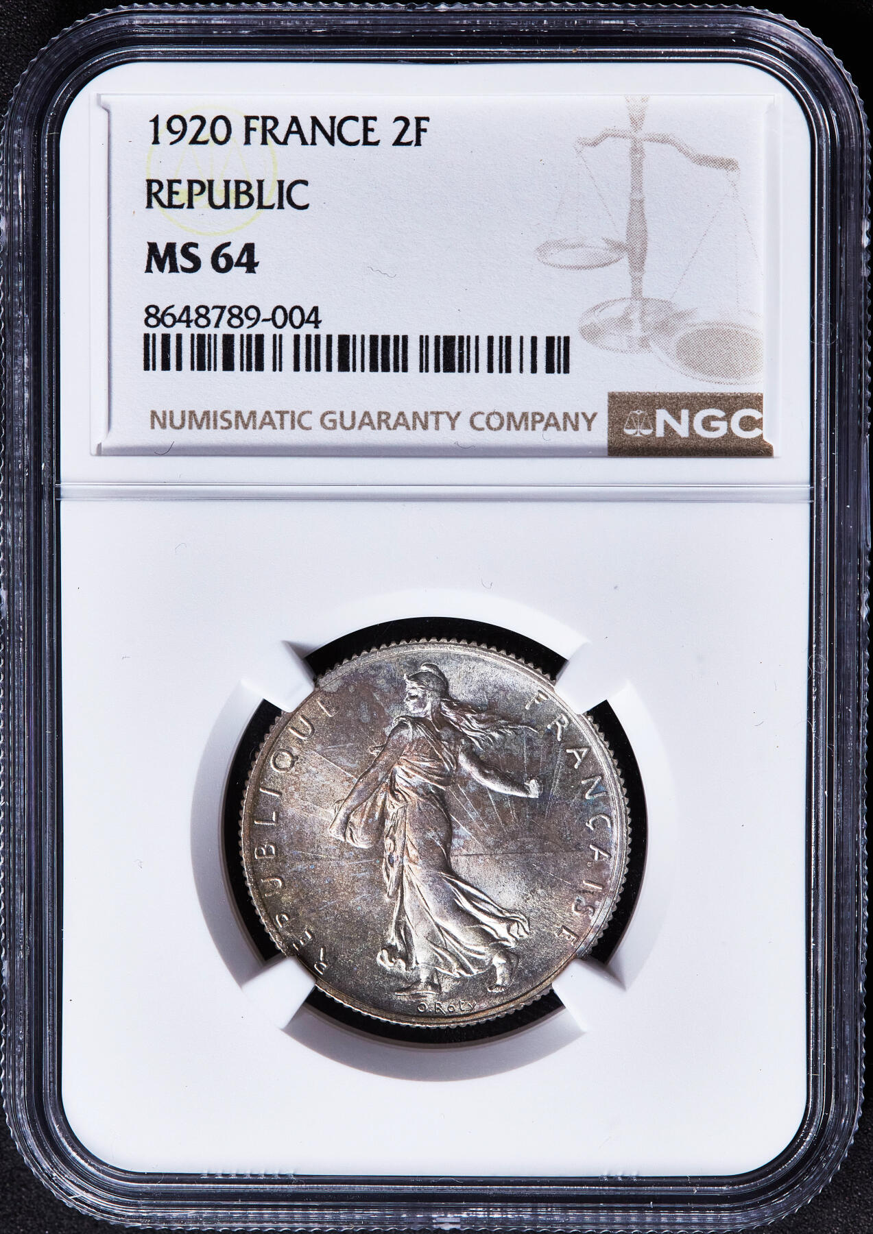 【俄甄集藏】2026年(050)04-01星期三 晚 19:30 全场包邮 法国1920年播种女神2法郎银币，NGC MS64，原味包浆，转光品相