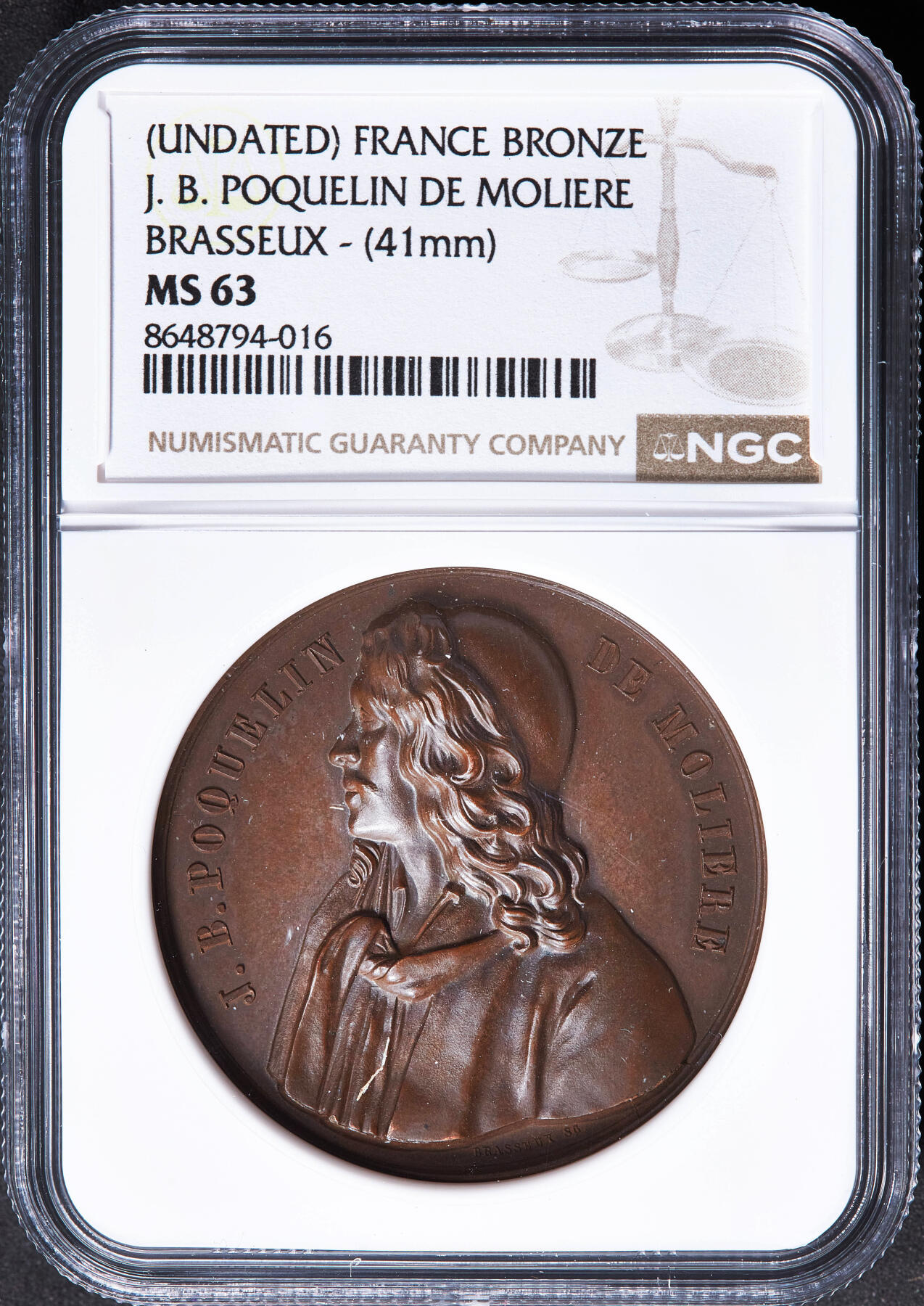 【俄甄集藏】2026年(050)04-01星期三 晚 19:30 全场包邮 法国1844年纪念戏剧作家莫里哀雕像喷泉建成大铜章，NGC MS63，高浮雕，巧克力包浆，设计精美