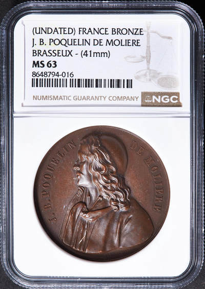 【俄甄集藏】2026年(050)04-01星期三 晚 19:30 全场包邮 - 法国1844年纪念戏剧作家莫里哀雕像喷泉建成大铜章，NGC MS63，高浮雕，巧克力包浆，设计精美