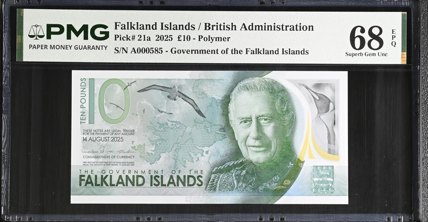 《艾美收藏》第238期-3.29周日外币畅拍场 福克兰岛2025年AA冠10镑PMG68E高分少见百位585号 更高分仅5张 百位号段目前很少看到 Pick#21a