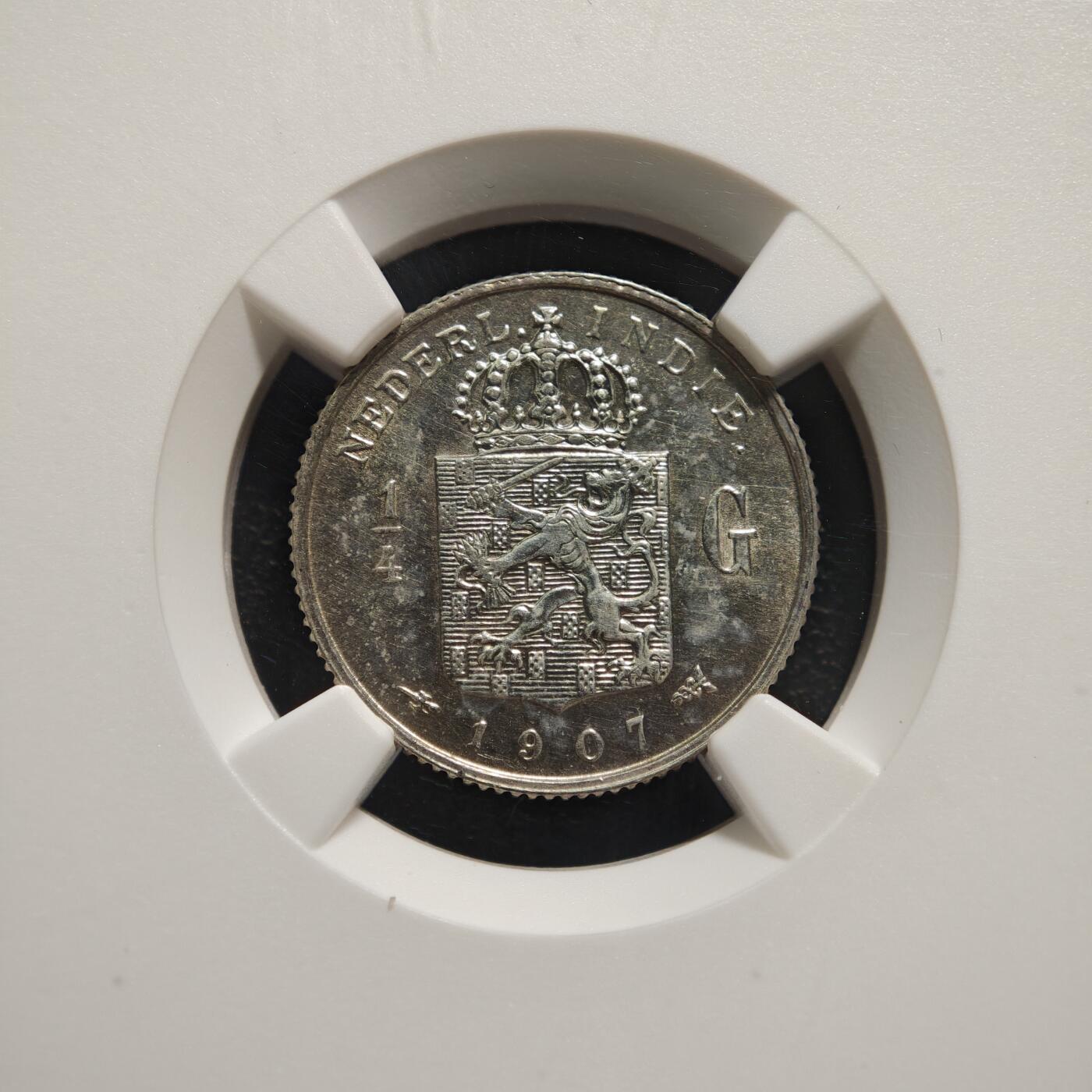 【德藏】世界币章拍卖第169期（拍品征集中~欢迎藏友联系） 1907年 荷属东印度1/4盾银币 NGC UNC