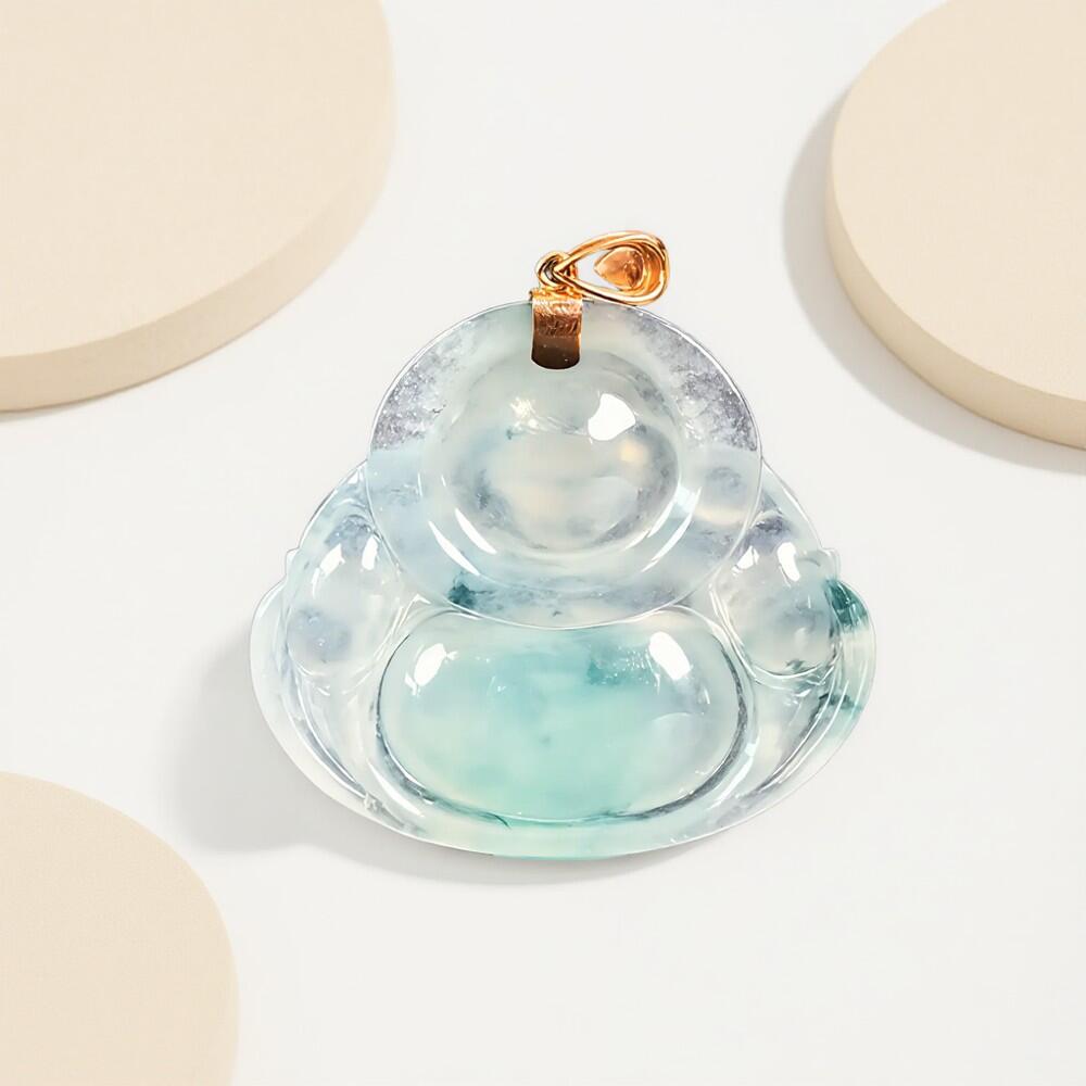 碧月说宝 君子怀瑾·当代和田玉清风专场(六) 18k金镶钻冰种飘蓝花翡翠大佛公