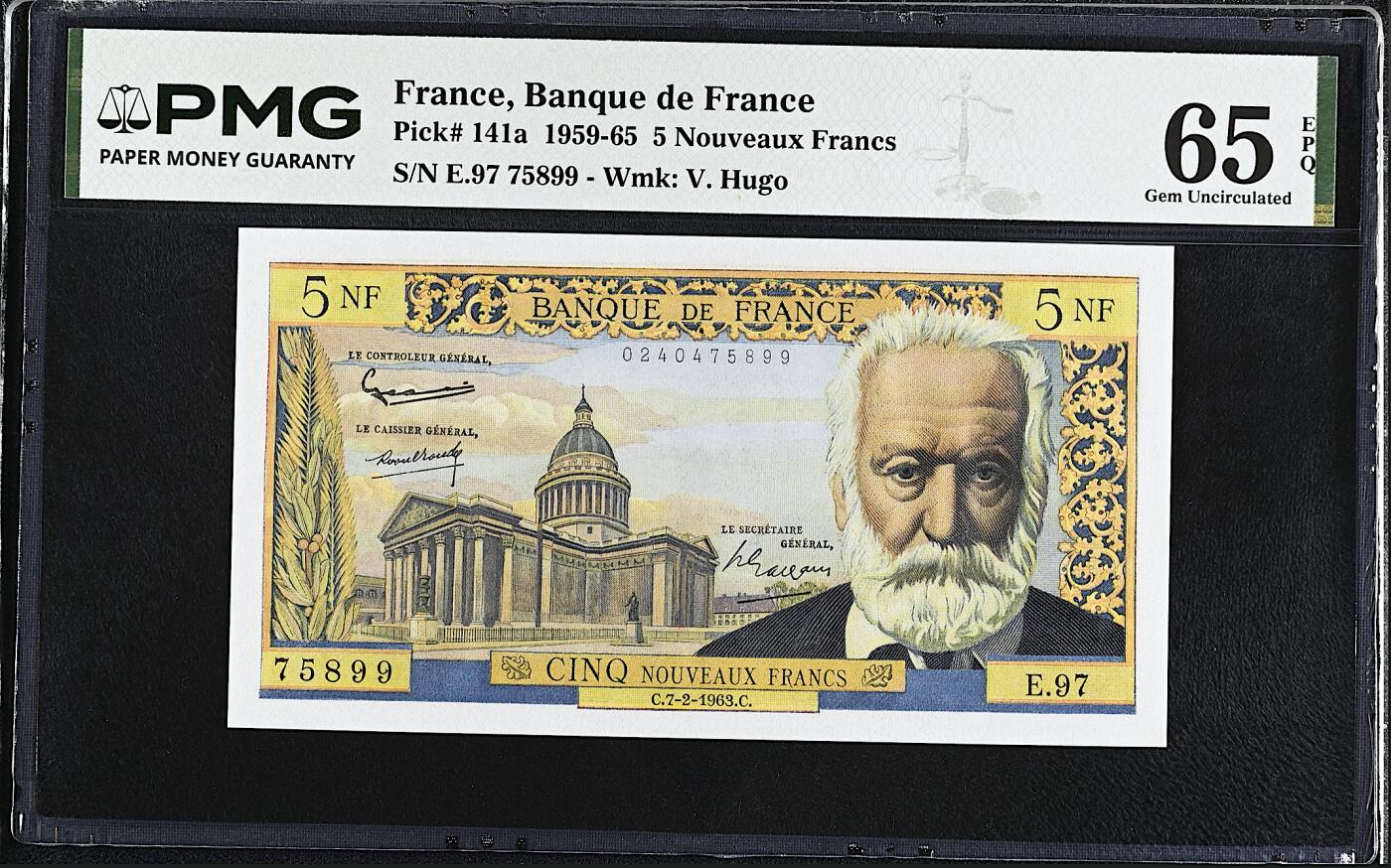 《艾美收藏》第238期-3.29周日外币畅拍场 法国5法郎 PMG65E 1963年 法国作家维克多·雨果 双尾