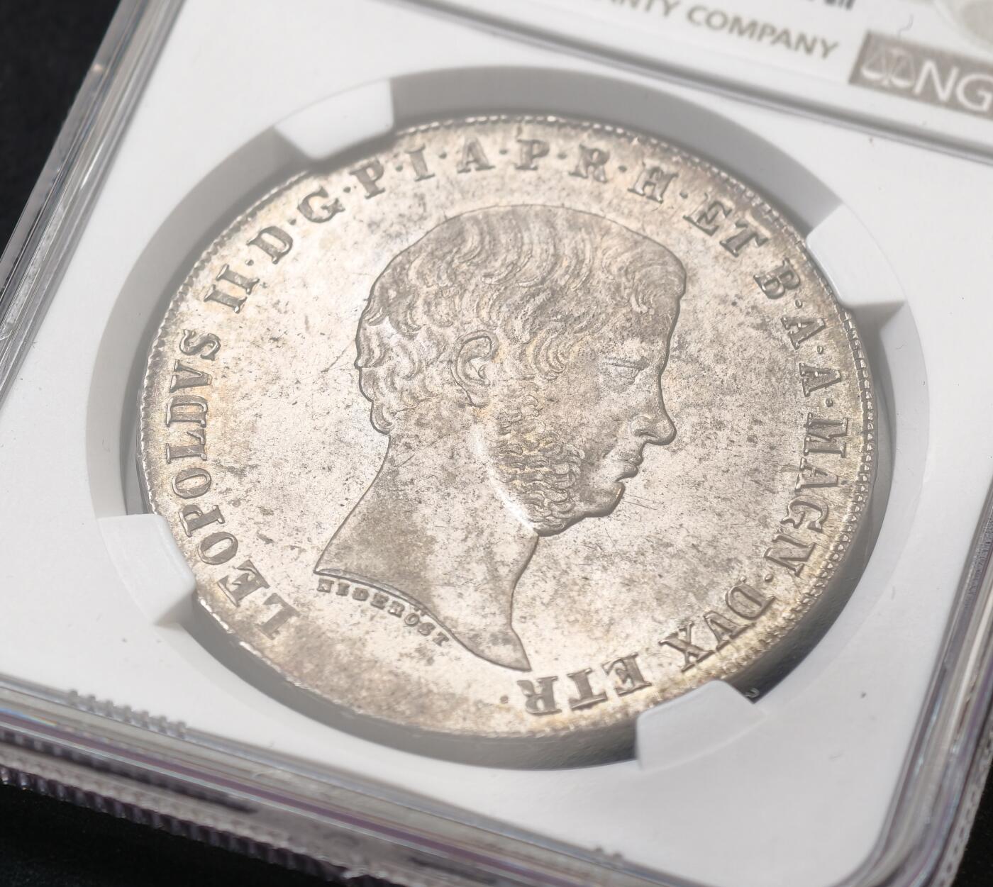 “方寸甄品”甄品场，甄臻铺-世界币章拍卖（第57期，直播拍卖），送拍享返佣金等优惠多多 NGC-MS63 1858年意大利托斯卡纳利奥波德二世4菲奥里尼大银币，全深打，丝绸转光老味道包浆，香槟淡彩环绕，顶级收藏品质