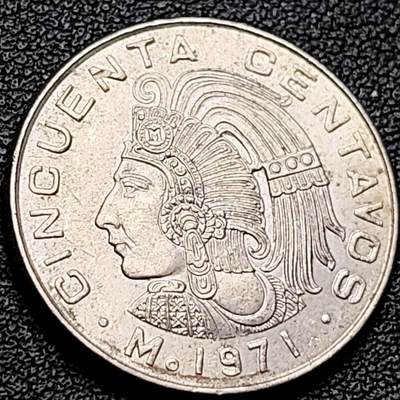 泉币菌-第216场-拍品多 请提前出价 - 原光美品 印第安酋长 墨西哥1971年 50分銅镍硬币 线条鹰版 25毫米 6.5克