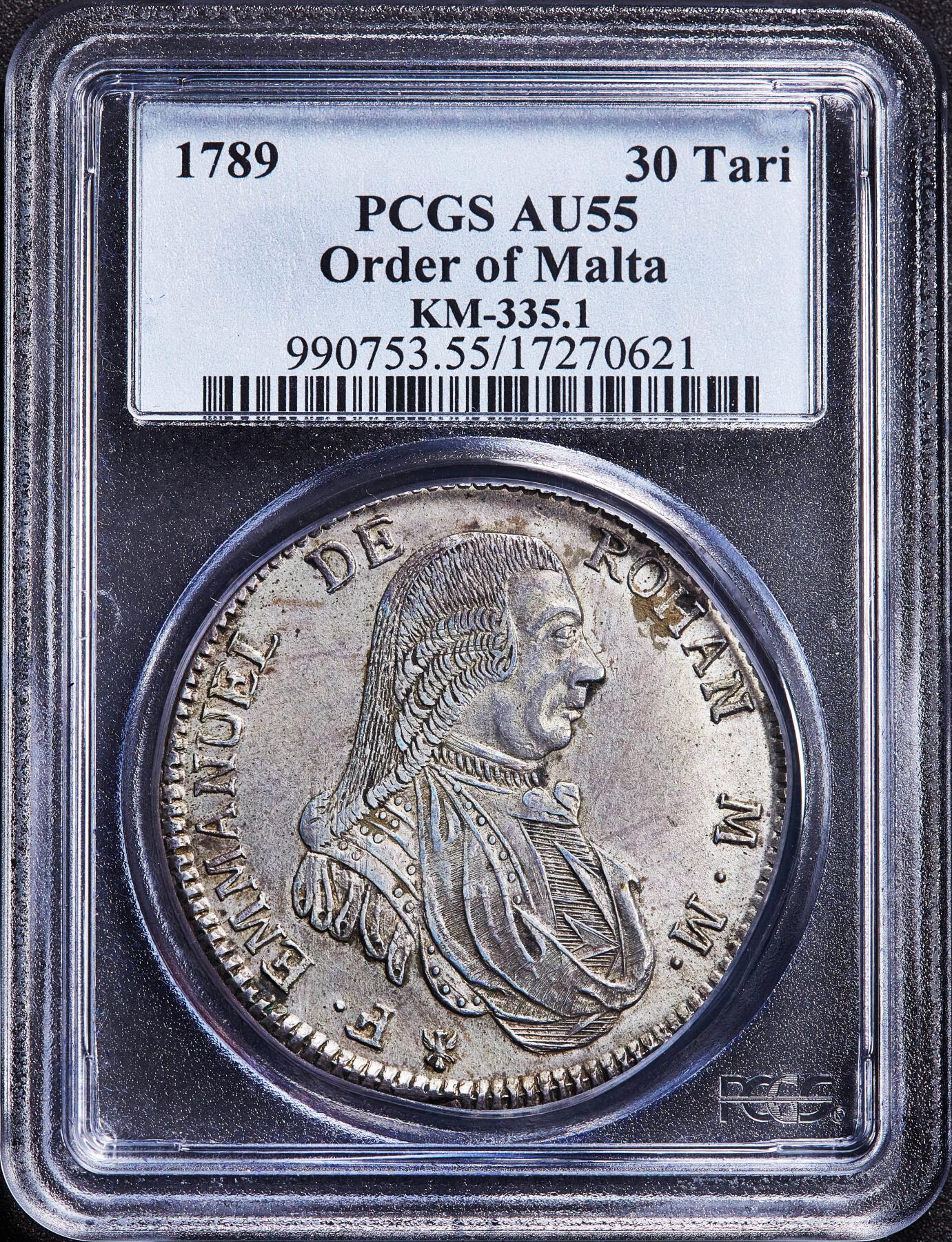 【俄甄集藏】2026年(050)04-01星期三 晚 19:30 全场包邮 马耳他骑士团1789年伊曼纽尔·德·罗昂大团长头像鹰徽版30塔里大银币，PCGS AU55，细节犀利，底光犹存，比盾徽版要贵很多，稀有品种，季军