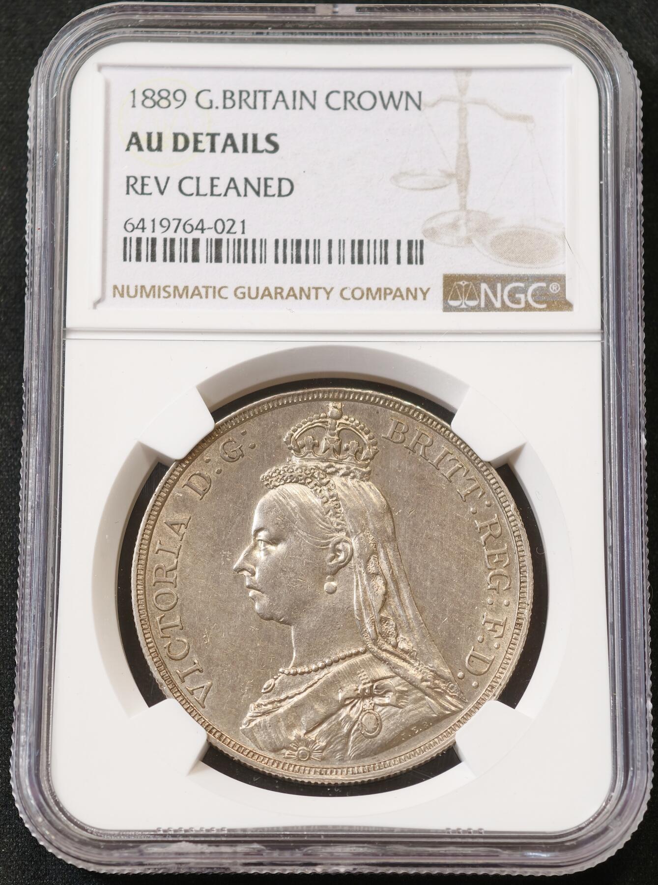 “方寸甄品”甄品场，甄臻铺-世界币章拍卖（第57期，直播拍卖），送拍享返佣金等优惠多多 NGC-AUD 1889年英国维多利亚高冠克朗银币，仅背面清洗