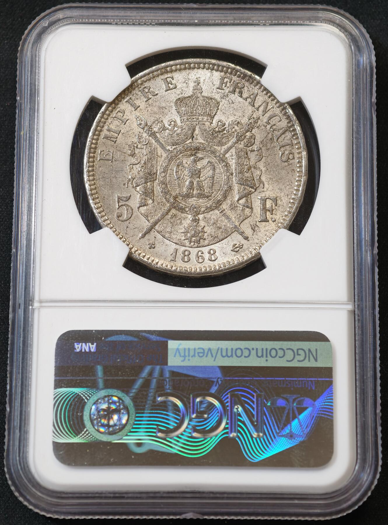 “方寸甄品”甄品场，甄臻铺-世界币章拍卖（第57期，直播拍卖），送拍享返佣金等优惠多多 NGC-MS63 1868年BB版法国拿破仑三世法郎银币，法系中比较经典的拿三5法郎，63分高分原光值得收藏