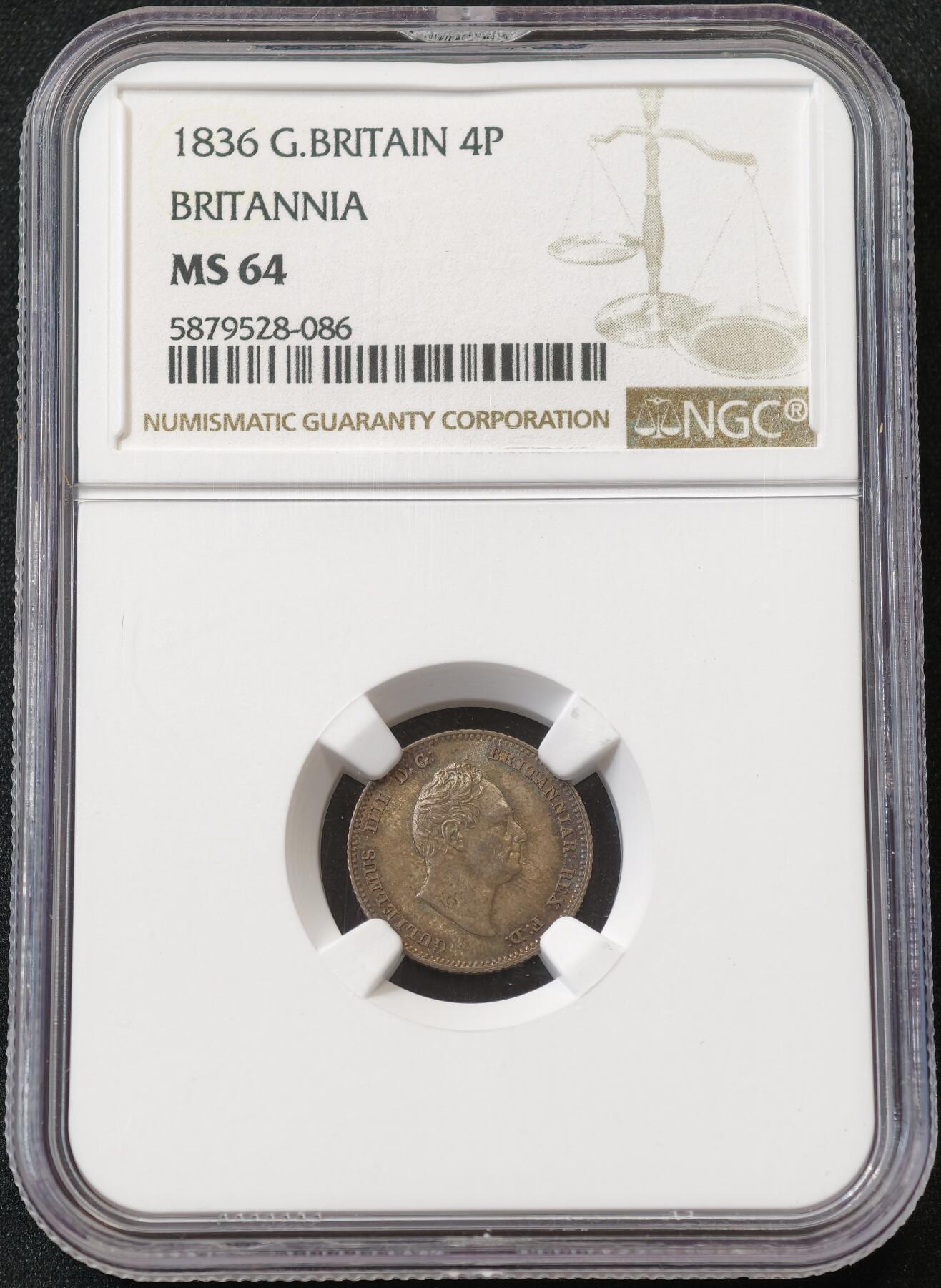 “方寸甄品”甄品场，甄臻铺-世界币章拍卖（第57期，直播拍卖），送拍享返佣金等优惠多多 NGC-MS64 1836年英国威廉四世4便士银币，灰色五彩包浆，顶级状态