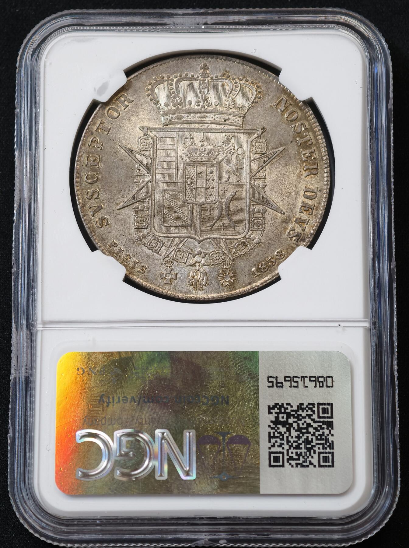 “方寸甄品”甄品场，甄臻铺-世界币章拍卖（第57期，直播拍卖），送拍享返佣金等优惠多多 NGC-MS63 1858年意大利托斯卡纳利奥波德二世4菲奥里尼大银币，全深打，丝绸转光老味道包浆，香槟淡彩环绕，顶级收藏品质