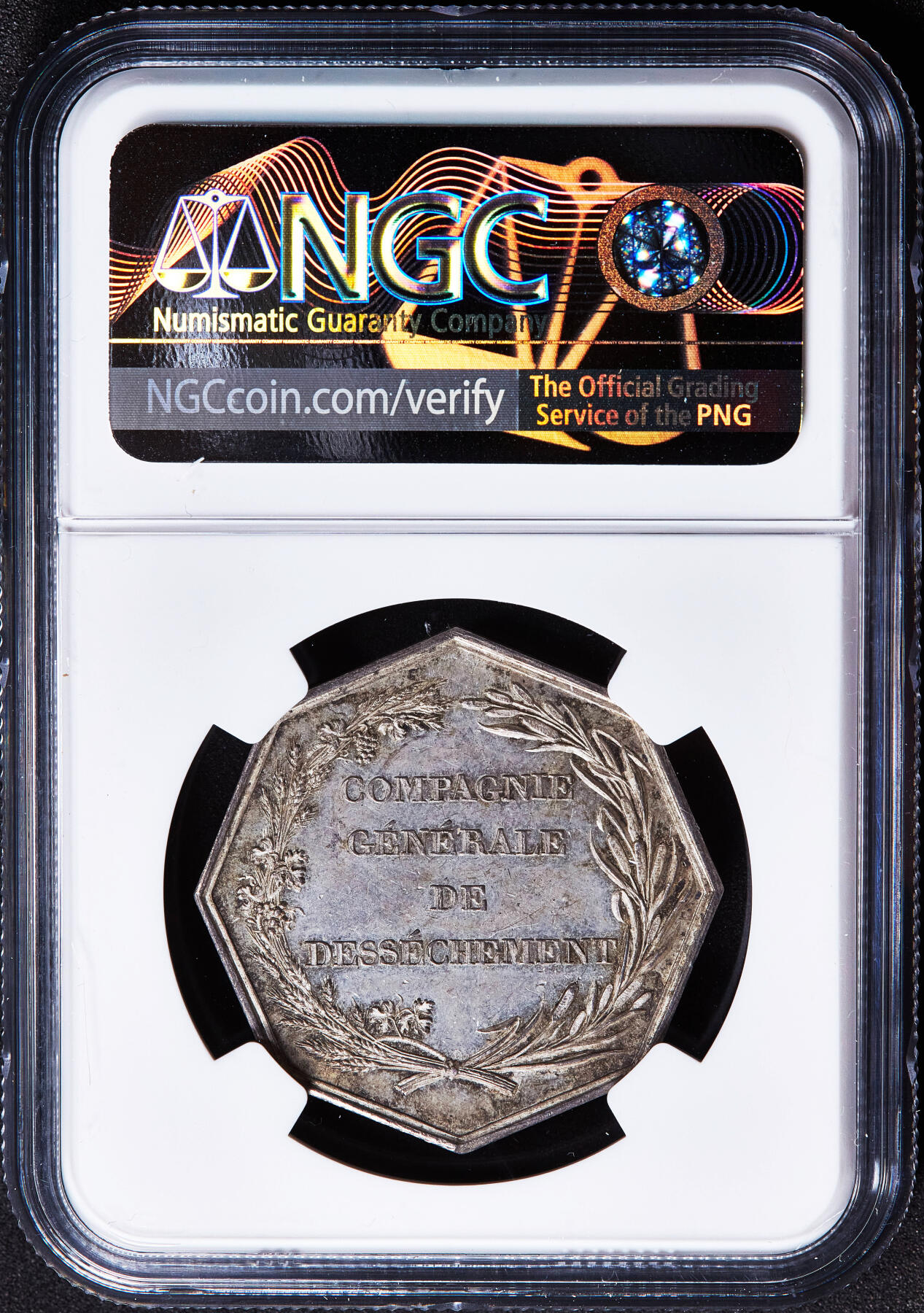 【俄甄集藏】2026年(050)04-01星期三 晚 19:30 全场包邮 法国1832-1841年通用排水公司银质八角代用币章，NGC MS63，黄油彩包浆，高浮雕，油灯铭，少见品种