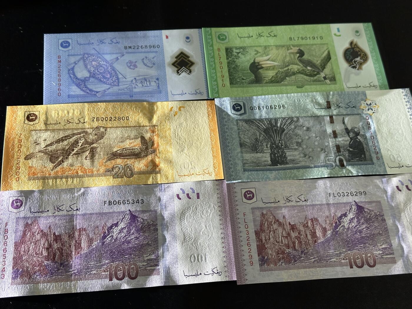 《外钞收藏家》第六百二十一期（精选场）（长期征集拍品、欢迎藏友们联系合作） 马来西亚1-100林吉特 （100有2张）共6张一起 多张无47靓号 全新UNC