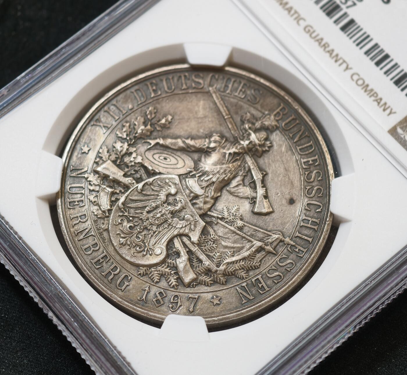 “方寸甄品”甄品场，甄臻铺-世界币章拍卖（第57期，直播拍卖），送拍享返佣金等优惠多多 NGC-UNC 1897年德国联邦射击节第12届巴伐利亚王国纽伦堡市射击节