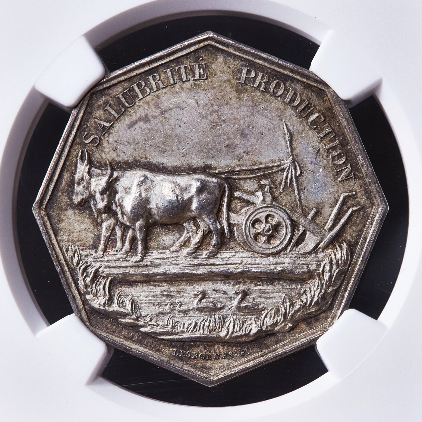 【俄甄集藏】2026年(050)04-01星期三 晚 19:30 全场包邮 法国1832-1841年通用排水公司银质八角代用币章，NGC MS63，黄油彩包浆，高浮雕，油灯铭，少见品种