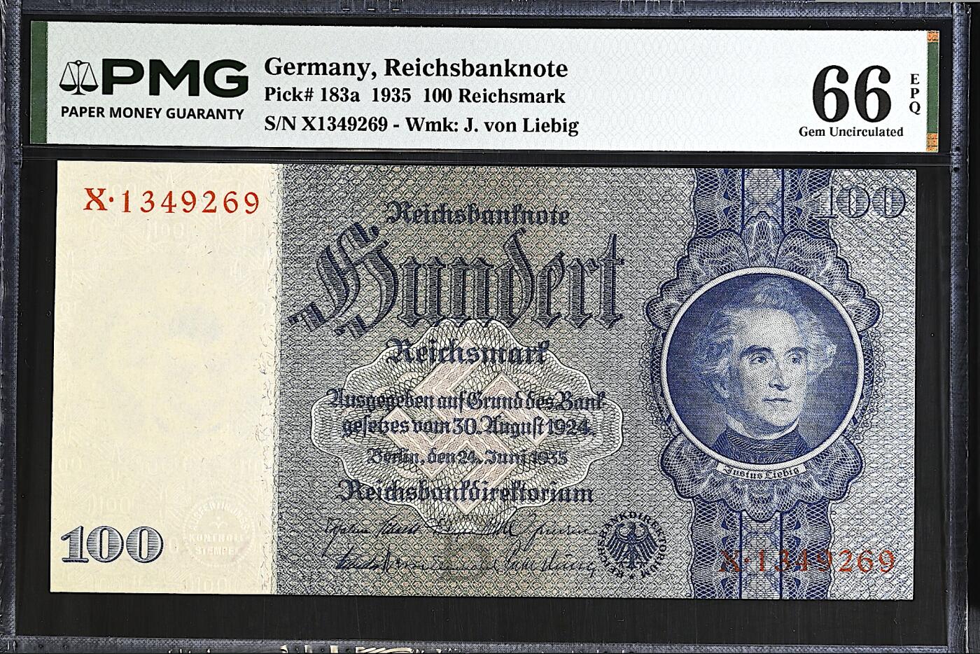 《艾美收藏》第238期-3.29周日外币畅拍场 德国100马克 PMG66E 1935年老版本 化学之父李比希 大票幅