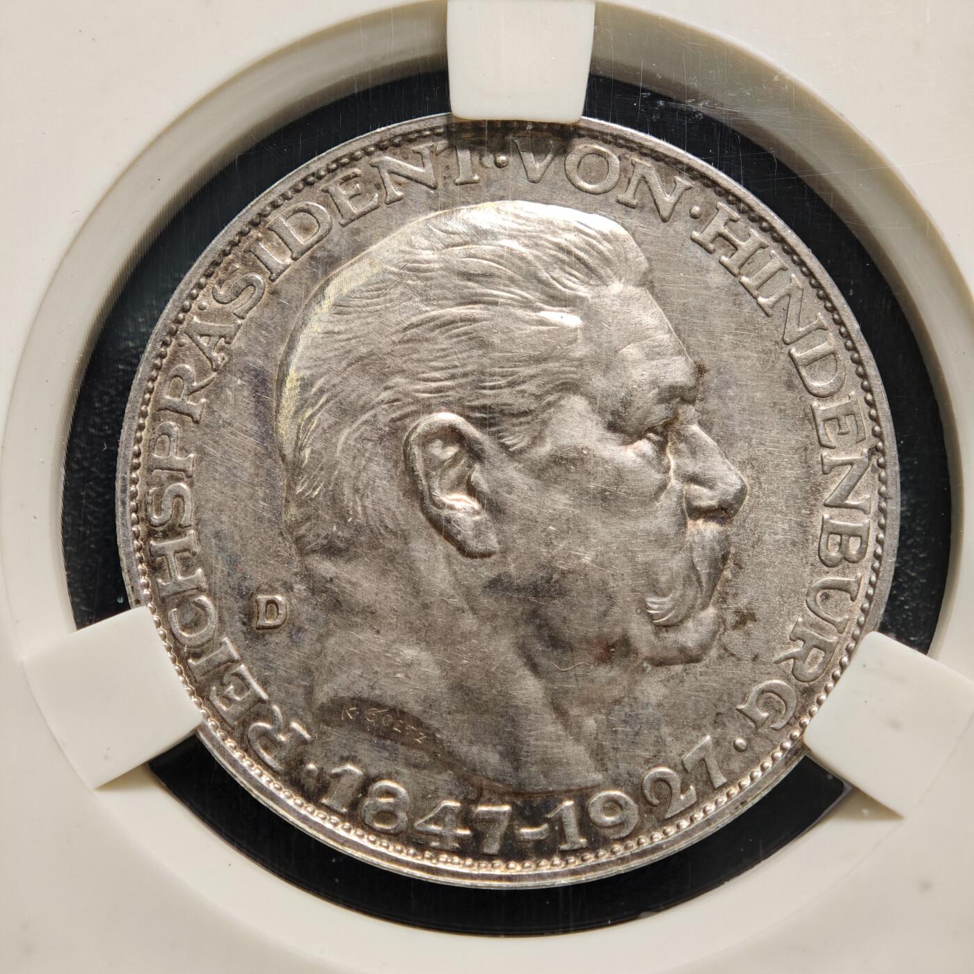 【德藏】世界币章拍卖第169期（拍品征集中~欢迎藏友联系） 1927年 德国兴登堡80大寿5马克币型银章 名家卡尔·歌茨作品 原味深包浆 ACA AU53