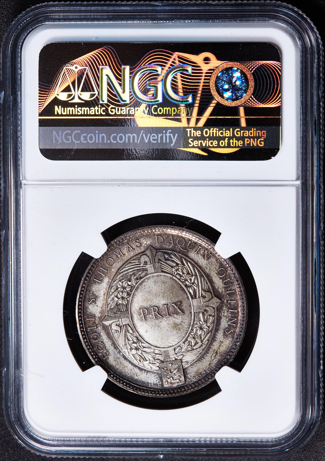 【俄甄集藏】2026年(050)04-01星期三 晚 19:30 全场包邮 法国1860-1879年社会改革家亨利·拉科代尔头像纪念圣托马斯·阿奎那学院银章，NGC MS65，五彩，顶级状态