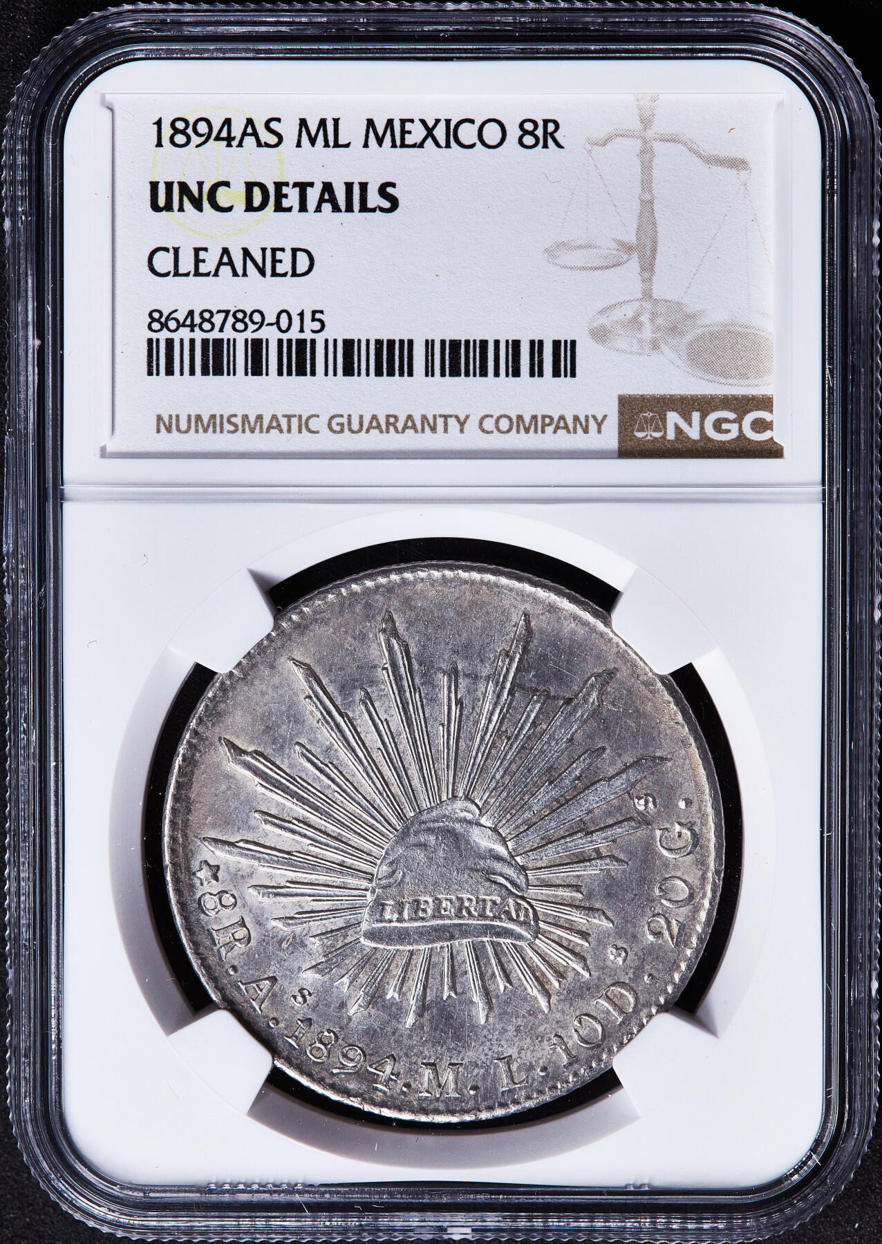 【俄甄集藏】2026年(050)04-01星期三 晚 19:30 全场包邮 墨西哥1894年As ML版8里亚尔鹰洋大银币，NGC UNCD，原味包浆，原光品相
