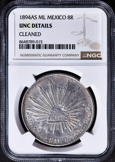 【俄甄集藏】2026年(050)04-01星期三 晚 19:30 全场包邮 - 墨西哥1894年As ML版8里亚尔鹰洋大银币，NGC UNCD，原味包浆，原光品相