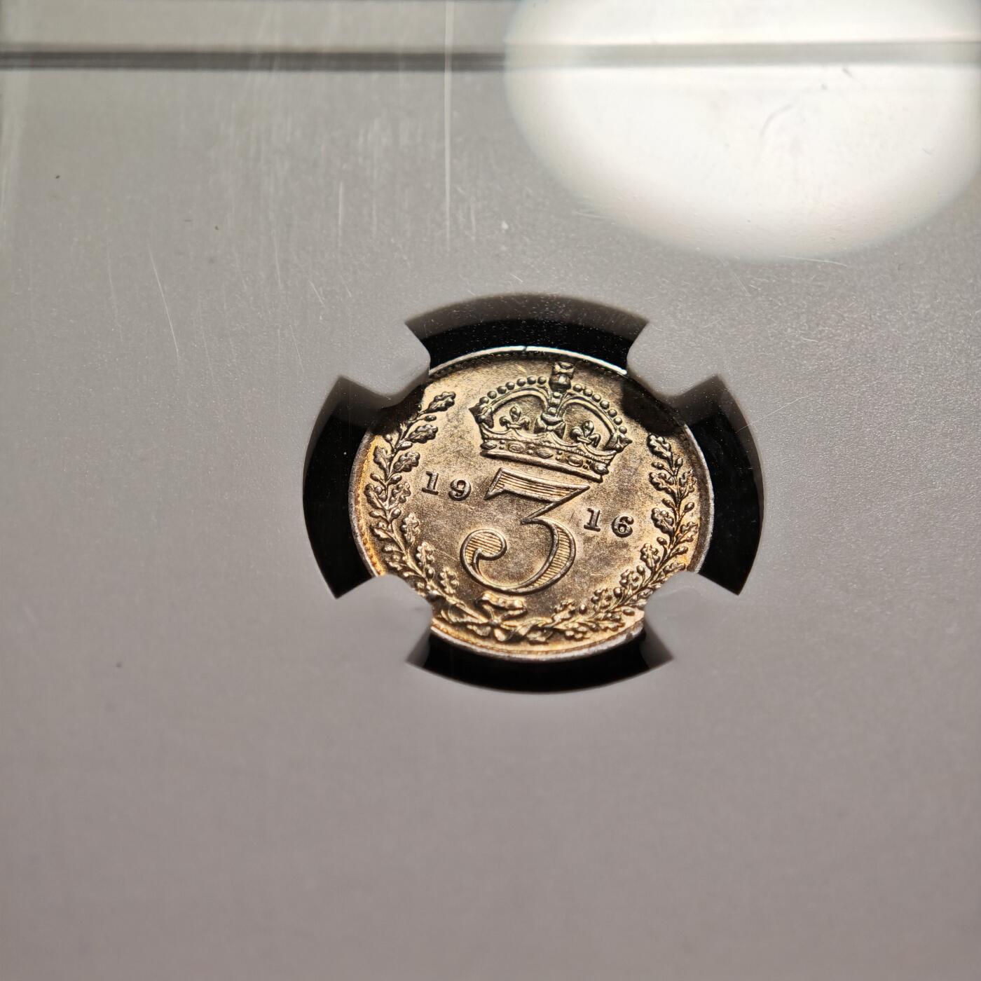 【德藏】世界币章拍卖第169期（拍品征集中~欢迎藏友联系） 1916年 英国乔治五世濯足节3便士银币 NGC MS62 黄油包浆