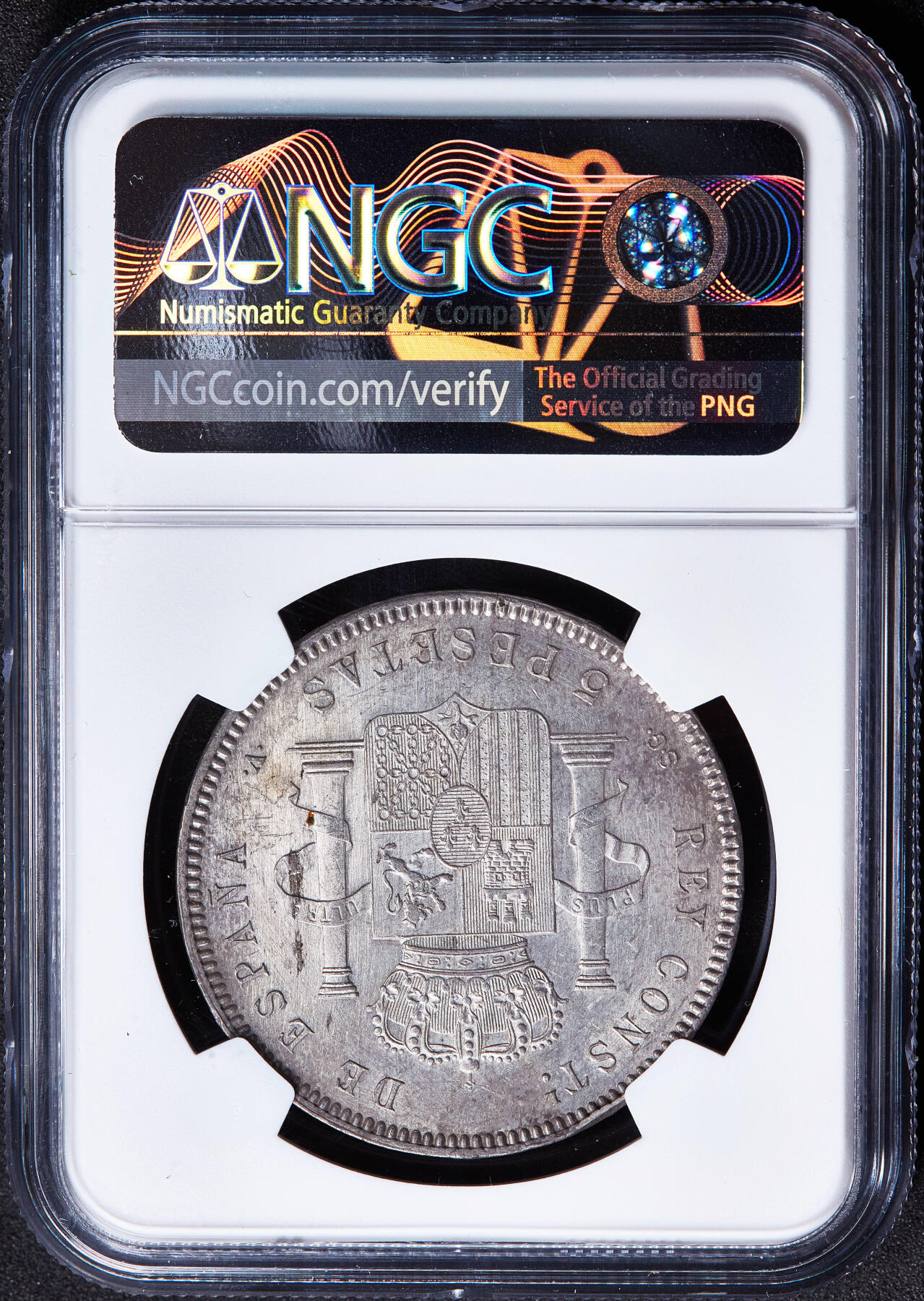 【俄甄集藏】2026年(050)04-01星期三 晚 19:30 全场包邮 西班牙1899年骑字版阿方索十三世5比塞塔大银币，NGC UNCD，黄油彩包浆，原光品相