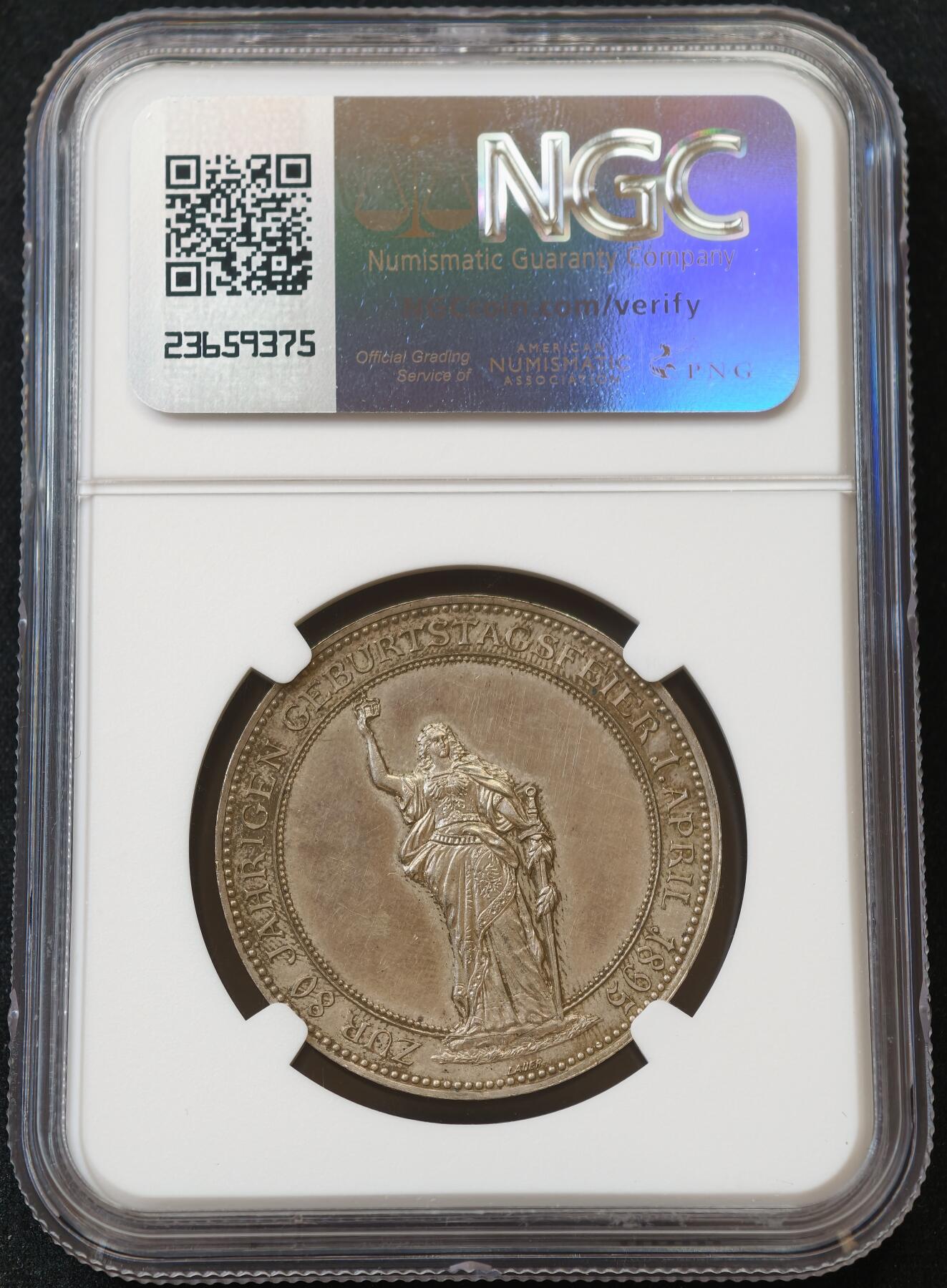 “方寸甄品”甄品场，甄臻铺-世界币章拍卖（第57期，直播拍卖），送拍享返佣金等优惠多多 NGC-MS62 1895年德国俾斯麦80大寿纪念银章-戎装日耳曼尼亚祝寿