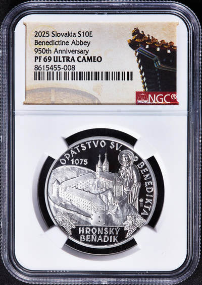 【俄甄集藏】2026年(050)04-01星期三 晚 19:30 全场包邮 - 斯洛伐克2025年纪念贝纳迪克修道院建成950周年10欧元精制银币，NGC PF69UC，特殊标签，重量18克，900银，发行量：10700枚