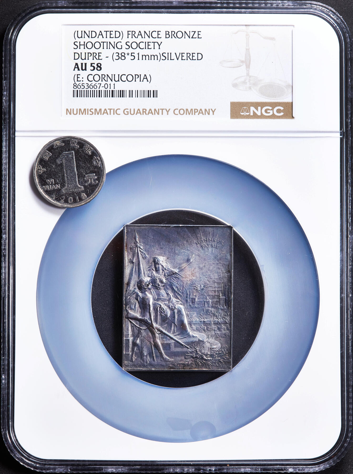 【俄甄集藏】2026年(050)04-01星期三 晚 19:30 全场包邮 法国19世纪玛丽安娜坐像射击协会联盟发行爱国主义与射击运动荣誉镀银方形大铜章，NGC AU58，五彩包浆，设计精美绝伦，新艺术运动时期代表雕刻家亨利·欧仁·杜普雷作品，尺寸：51mm×38mm，稀少品种