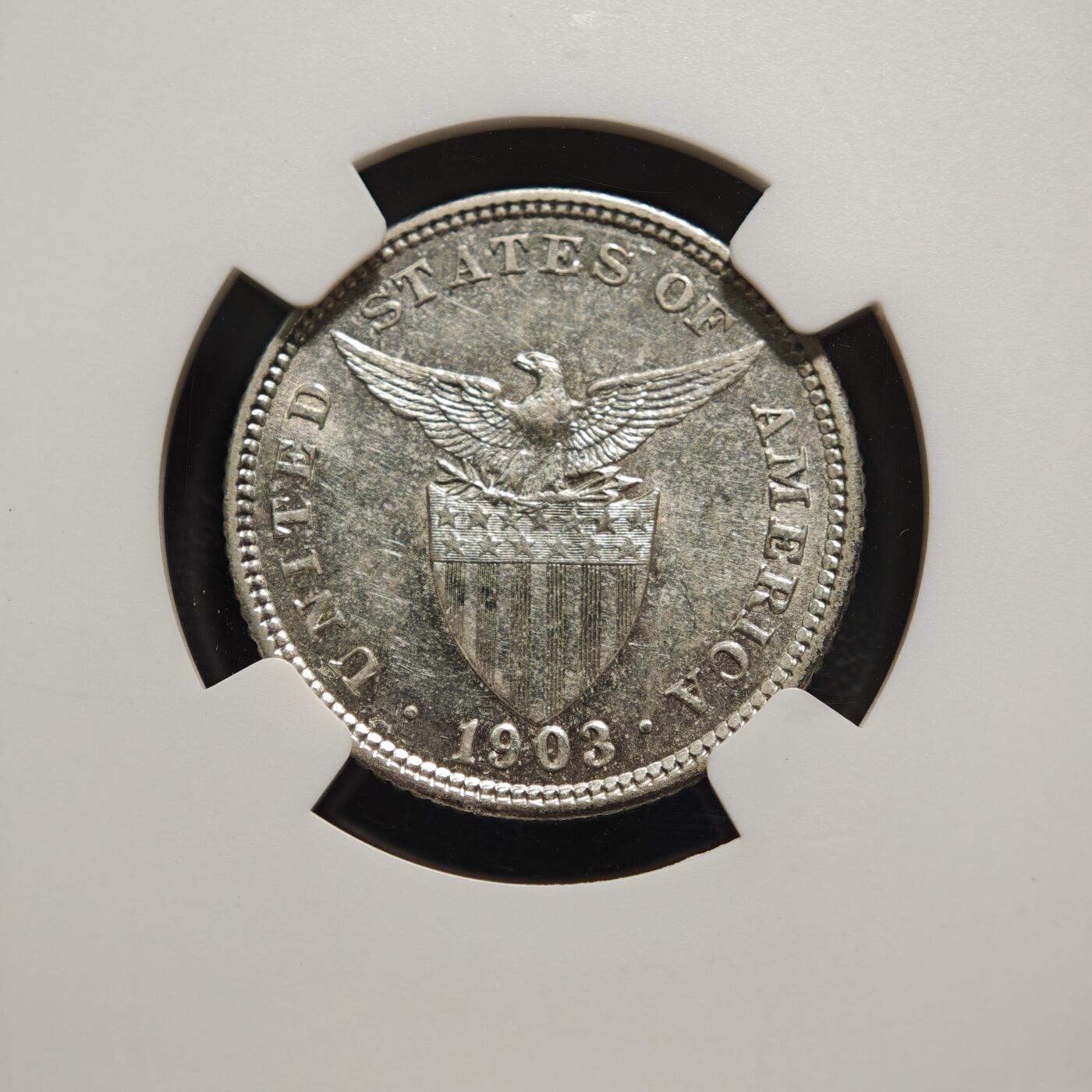 【德藏】世界币章拍卖第169期（拍品征集中~欢迎藏友联系） 1903年 美属菲律宾女神大版20分银币 NGC AU55 状态安逸